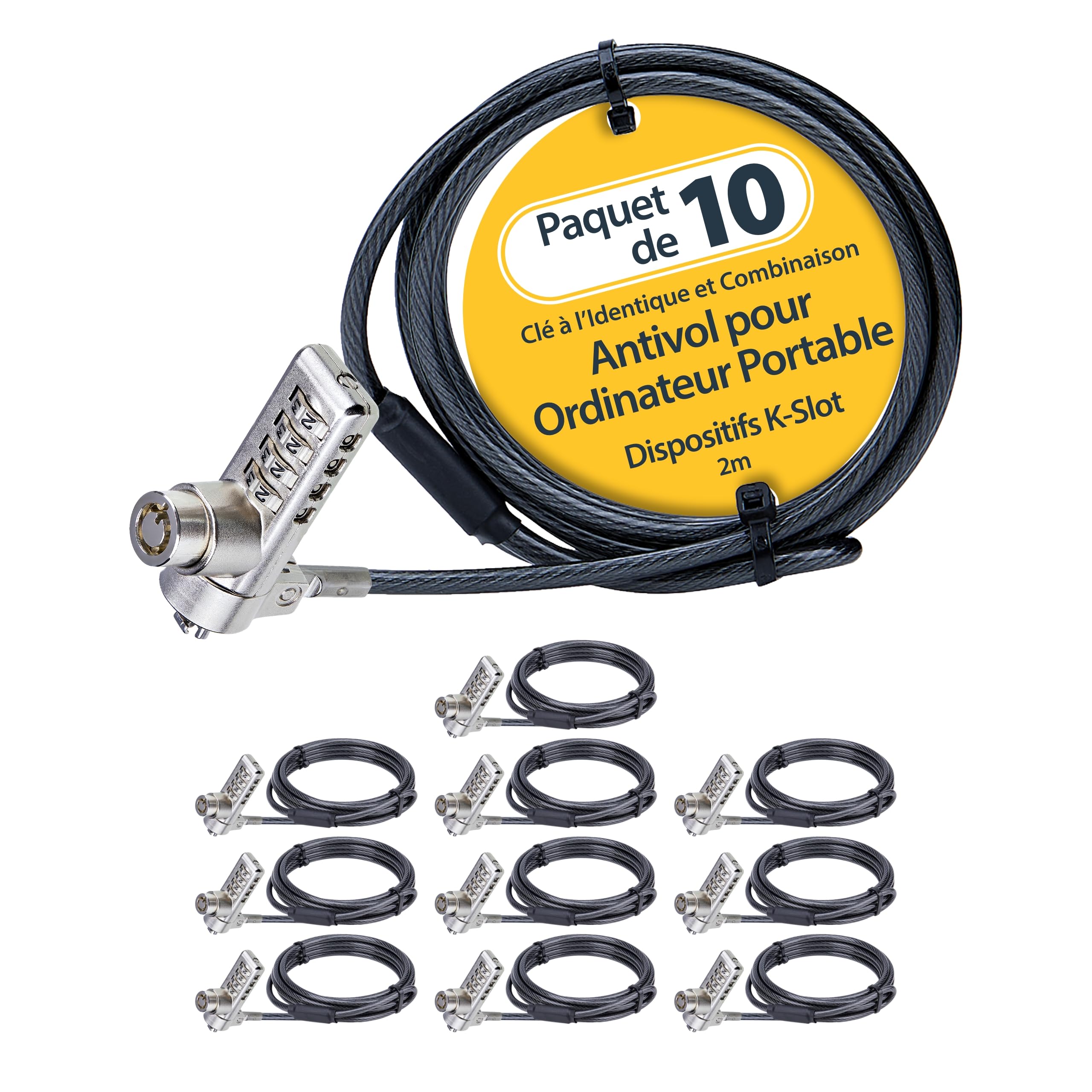 StarTech Antivol à Double Accès pour PC, 2m, K-Slot, Lot de 10 | Clé/combinaison, Clés identiques pour admin IT, Acier gainé vinyle anti-coupure, Testé à 200, 4kg