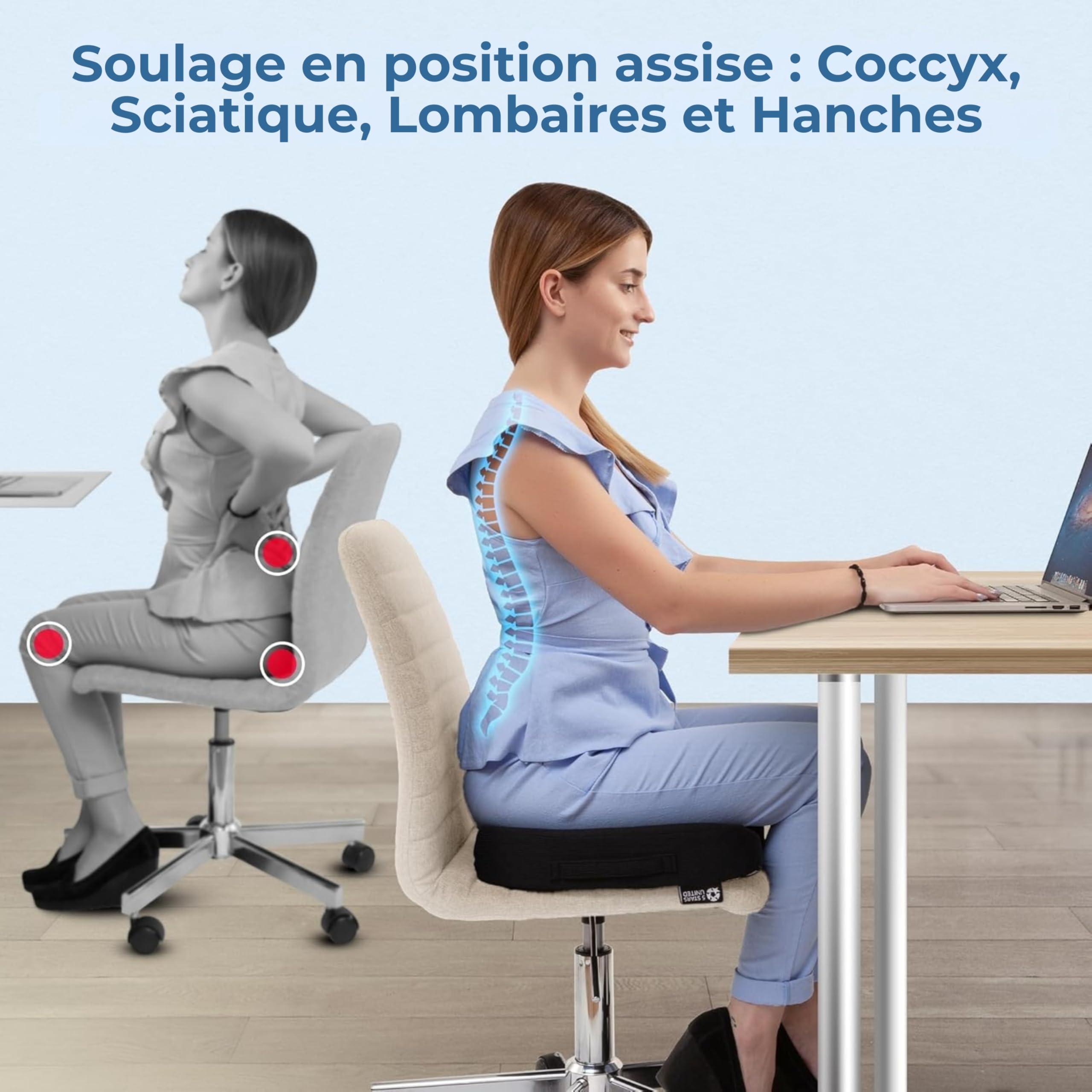 Coussin d’Assise en Mousse à Mémoire de Forme, Coccyx Ergonomique pour Chaise de Bureau, Soulagement Sciatique & Lombaires – Noir