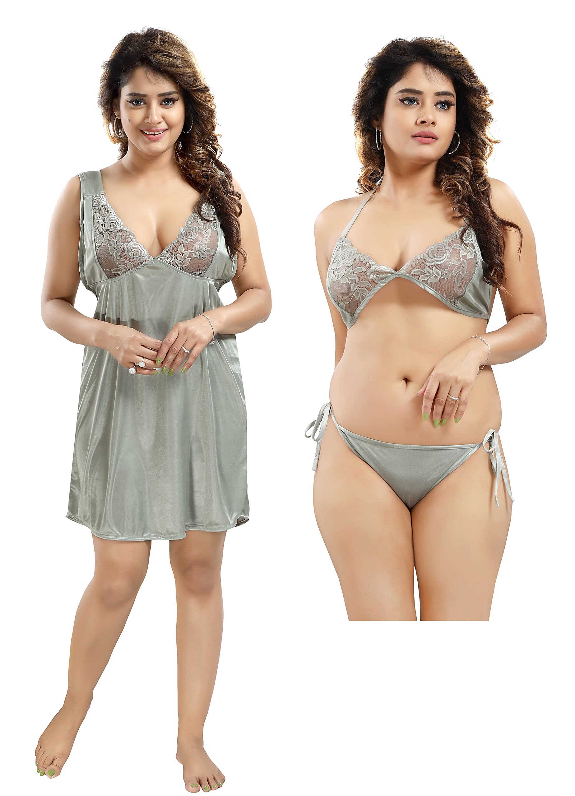 life-tale LIFE - TALE Women's Satin 3 Pc Baby Doll Lingerie Set-picture-26
