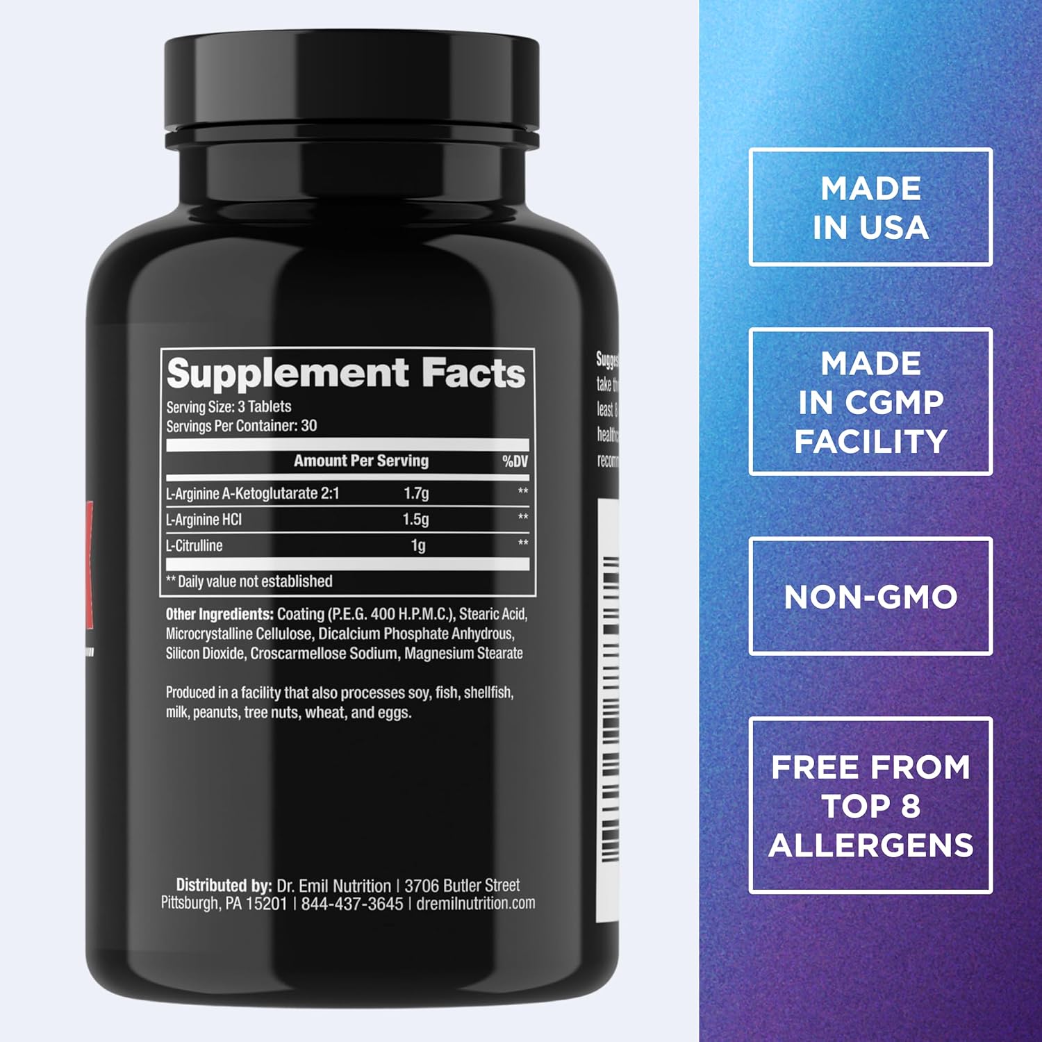 Dr. Emil - Elite L Arginine (3150mg) + L-Citrulline Highest Dose - Nitric Oxide Supplement for Vascularity, Endurance and Heart Health (AAKG and HCL) - 90 Tablets