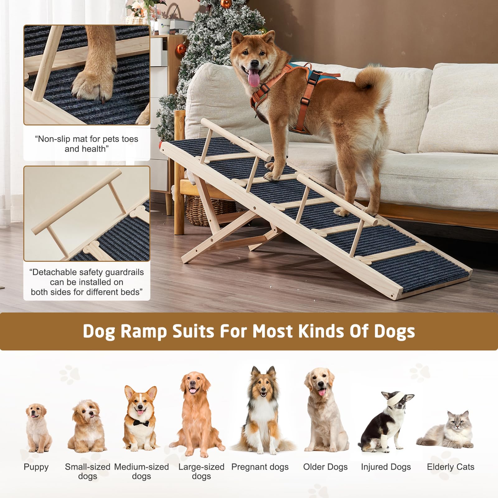 Rampe pour chien en bois pour lit haut, 120 cm de long, rampe antidérapante pour canapé, 6 hauteurs réglables de 40 à 71 cm, avec tapis de traction antidérapant pour chiens de petite, moyenne et