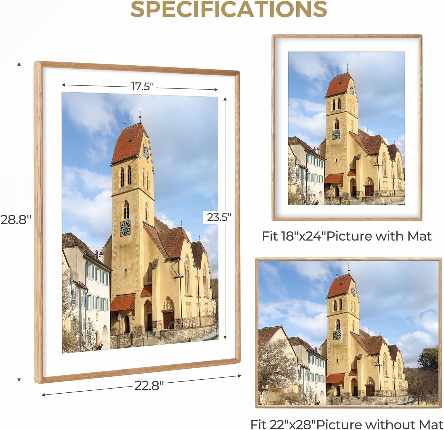 Dreamland 22x28 Frame with Mat for 18x24 Solid Oak Wood Picture Frames Handcrafted Rounded Corner with HD Tempered Glass Tabletop or Wall Mount Display, 1 Pack