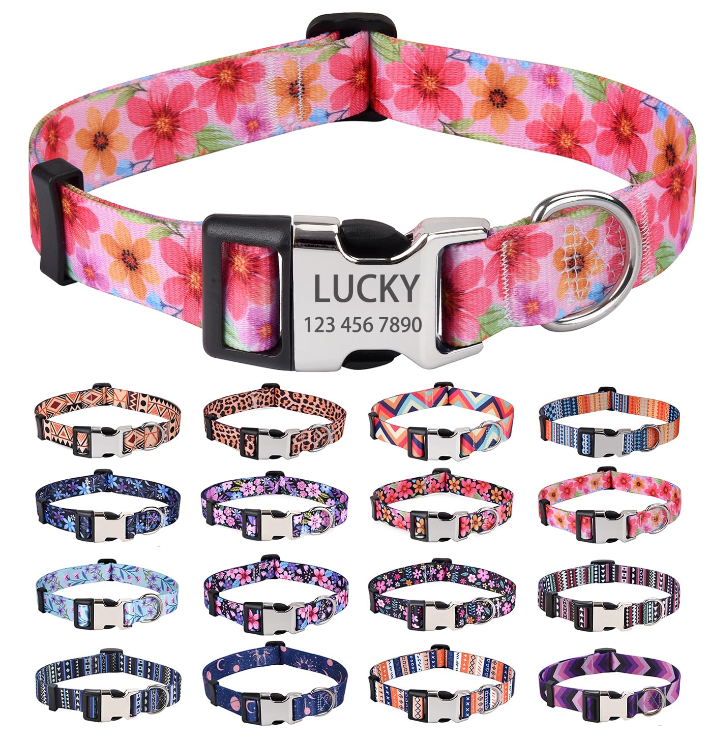 HQYDDMI Personalized Dog Collars - Customized Floral Geometry Dog Collar with Name and Phone Number - Adjustable for Small Medium Large Male Female Boy Girl Puppy Dogs(Floral C,XS)