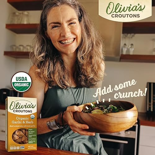 Miniatura 3 de Olivia's Crutones orgánicos certificados con ajo y hierbas para ensaladas y aderezos de sopa, 4.5 onzas (paquete de 4)
