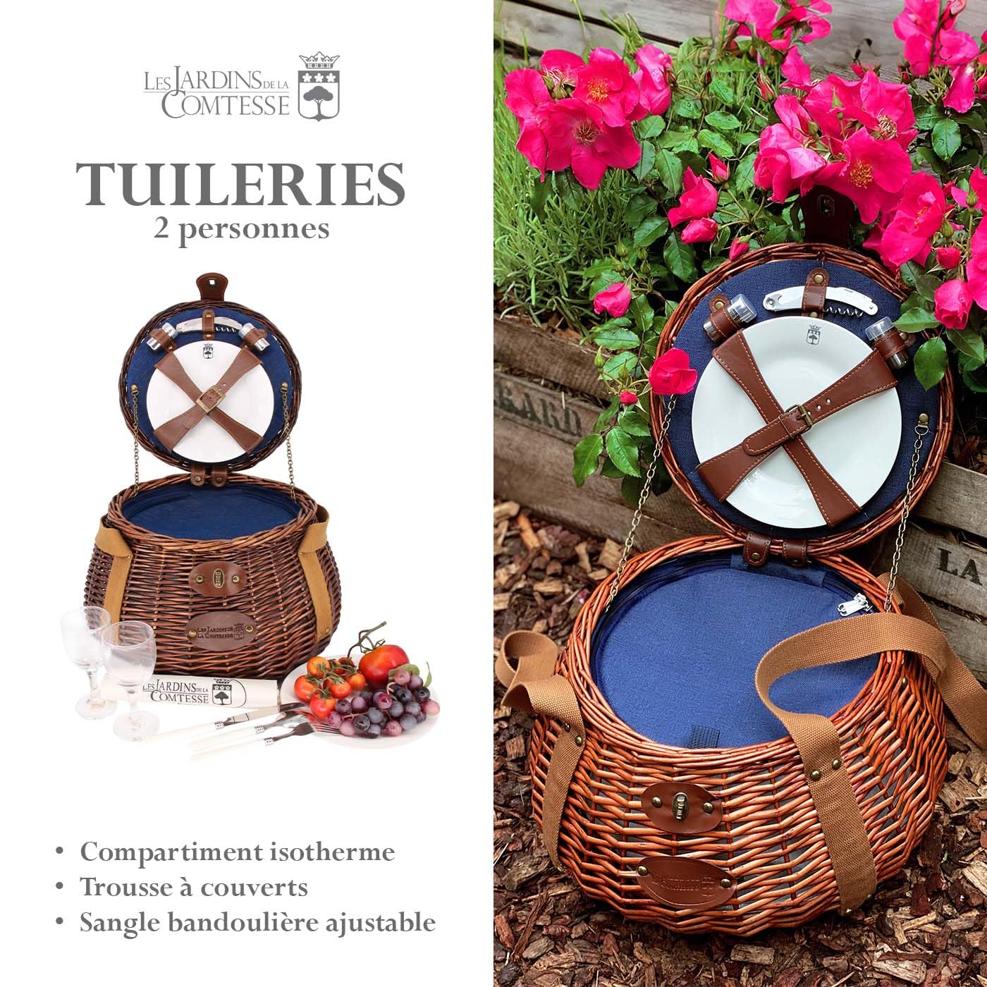 Les Jardins de la Comtesse - Piccolo Cestino da Picnic Rotondo Tuileries - Completo per 2 Persone - Vano Isotermico Fisso - Piatti in Ceramica/Bicchieri da Vino in Vetro -Tessuto Blu - 33 x 33 x 24 cm