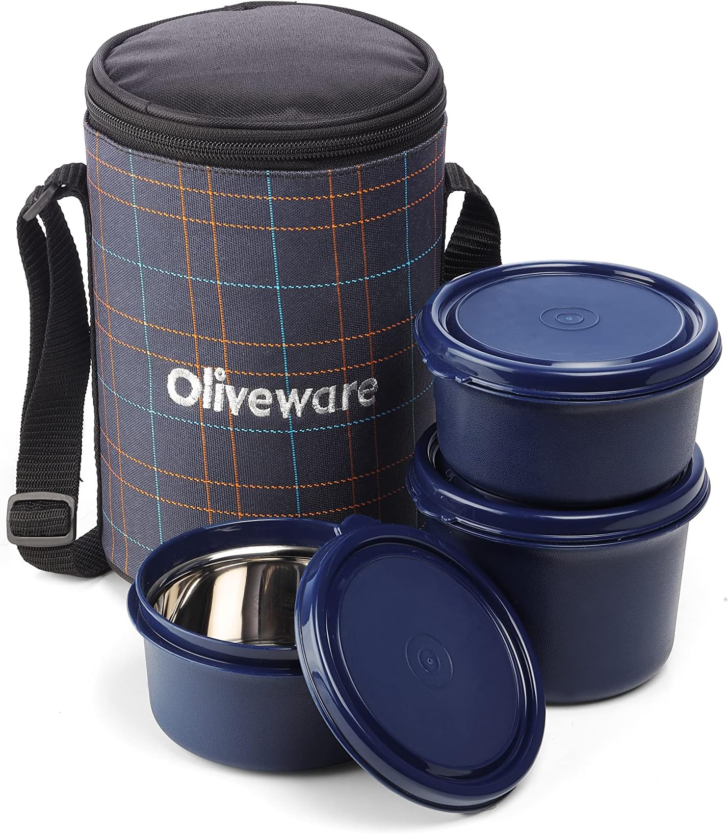Amber Lunch Box, Microwave Safe & Leak Proof, 3 Inside Steel Containers with BPA Free Lids (2 * 450ml & 600ml), Fabric Bag - Blue