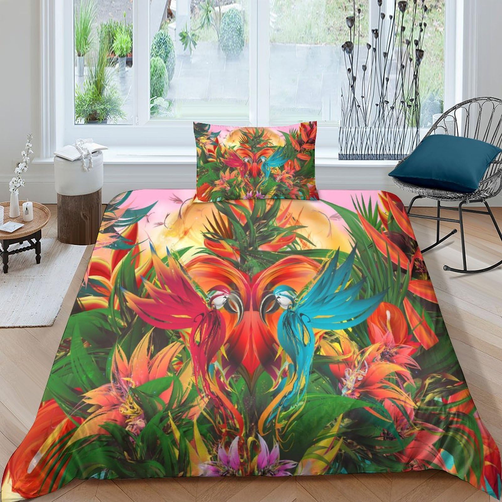 Housse de couette perroquet 3D 135x200cm avec 2 taies d'oreiller pour lit simple