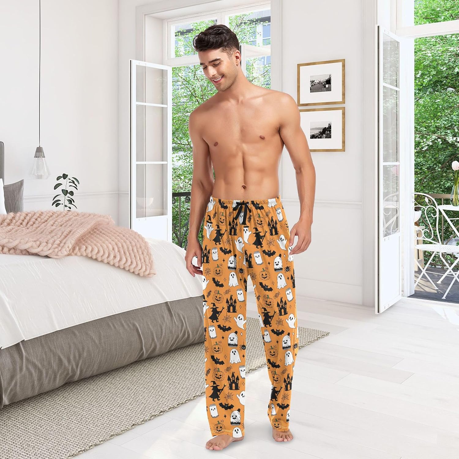 Halloween Bat Black Ghost Men's Pajama Pants Sleep Lounge Pants with Pockets Sleepwear Pajama Pant for Men, S