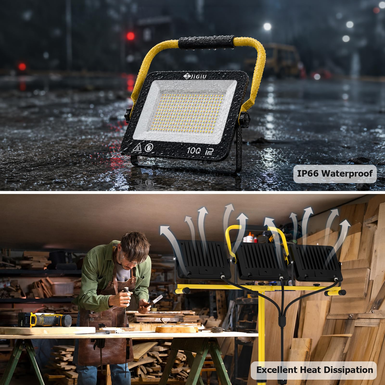 JiGiU Baustrahler LED mit Stativ, 3x100W Arbeitsstrahler 28500LM, Gelb | 3 Farbtemperaturmodi & 5M Kabel, Drehbar Köpfe, IP66 Wasserdicht, 118-174cm Höhenverstellbar Stativ für Werkstatt Baustelle
