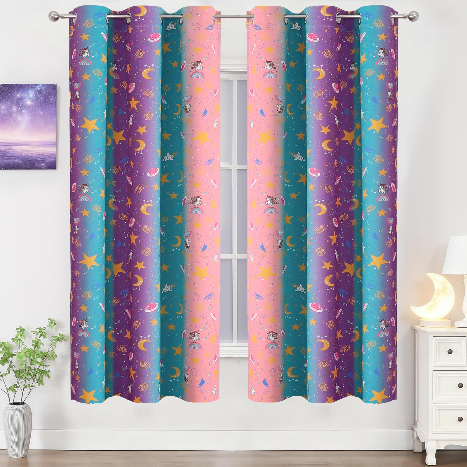 Pink Purple Teal Unicorn Blackout Curtains 72 Inch Length for Kids Bedroom