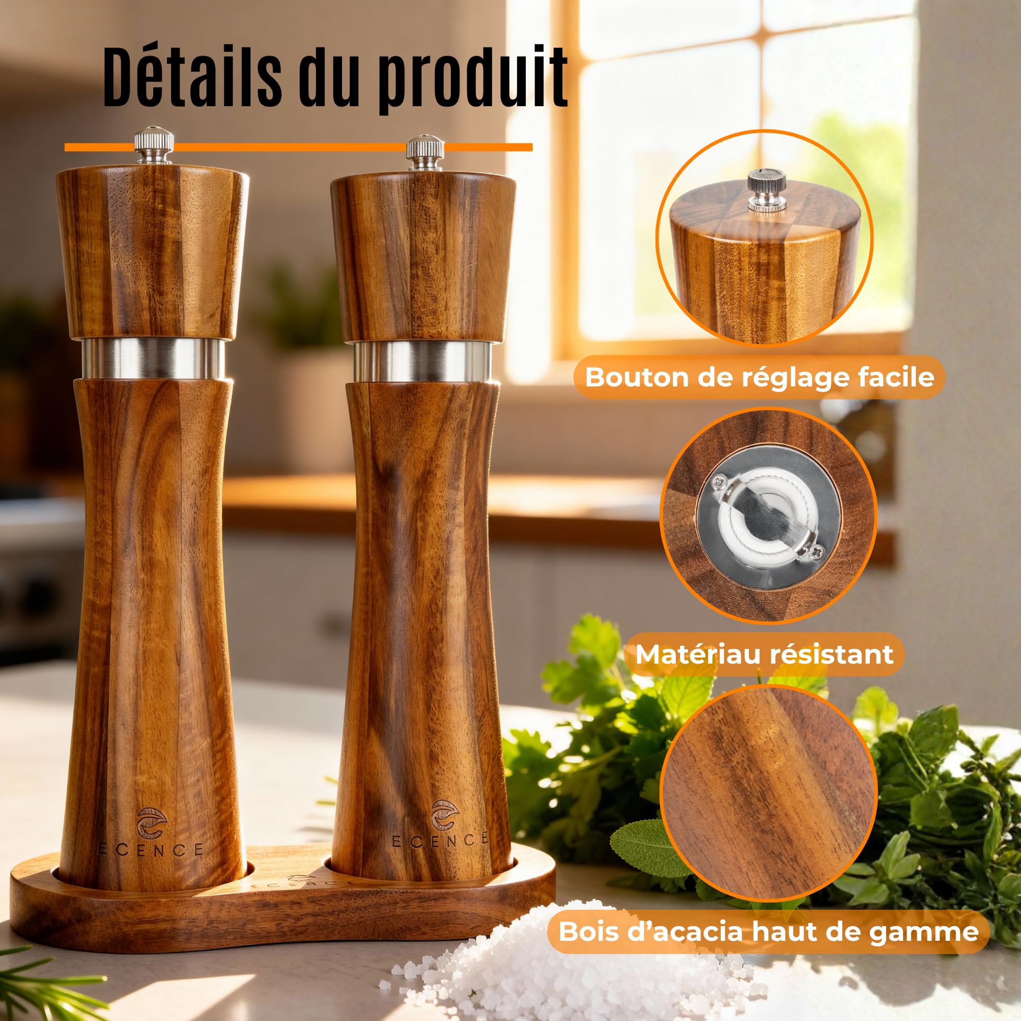 ECENCE Moulin à poivre et sel bois d'acacia - Lot 2 moulins à épices céramique avec pinceau et dessous-de-plat