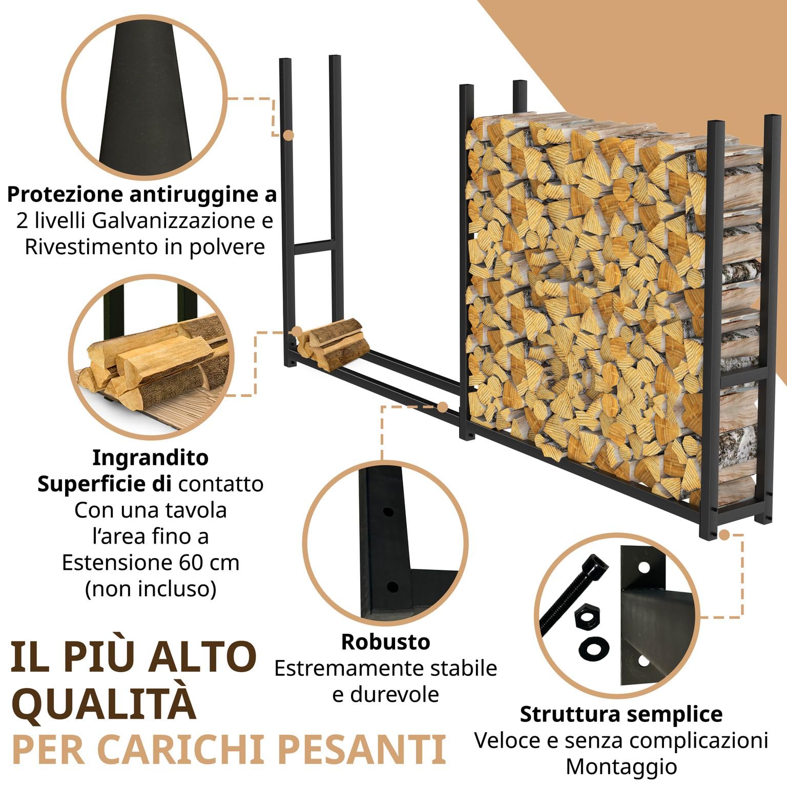LAWA Rastrelliera per Legna da Ardere in Metallo Zincata 223x25x115cm Nera | Verniciata a Polvere, Per Esterni, Senza Telone, Per Giardino, Legnaia da Esterno, Scaffale per legna