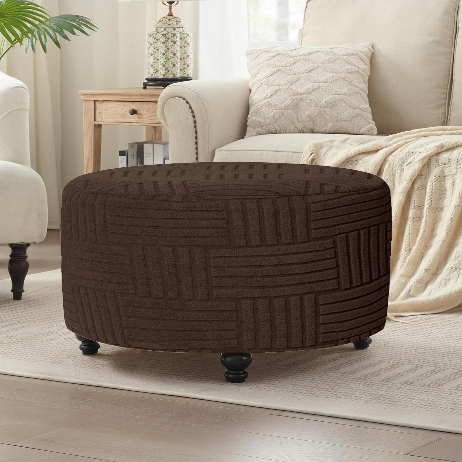 HYGPP Round Ottoman Covers Slipcover Stretch 24 30 36 28 in - Small/Large/Extra Large Stool Covers Slipcovers Footstool Protector Covers with Elastic Bottom(Deep Coffee,29