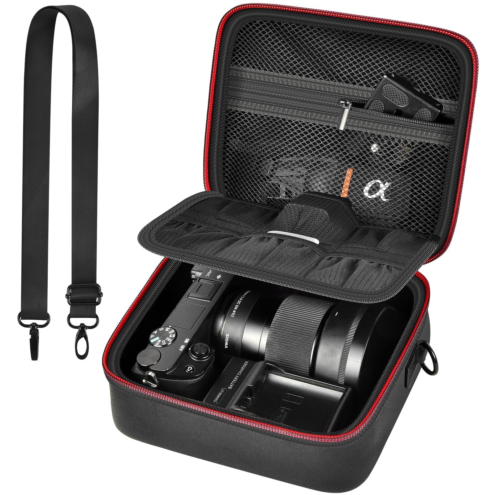casmilee Custodia per fotocamera digitale mirrorless Sony Alpha ZV-E10 Alpha a6400/ a6700/ a6100/ a6000/ a6600/ a6500, borsa da viaggio rigida con tracolla per obiettivi e accessori (nero, M)