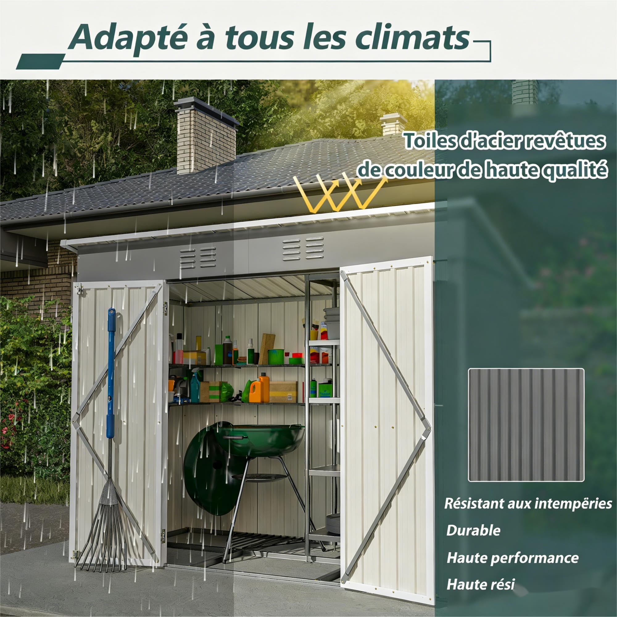 Abri de jardin gris 229 x 111 x 182 cm, en métal, compact, avec fondation, résistant aux intempéries avec serrure, pour terrasse, balcon, jardin