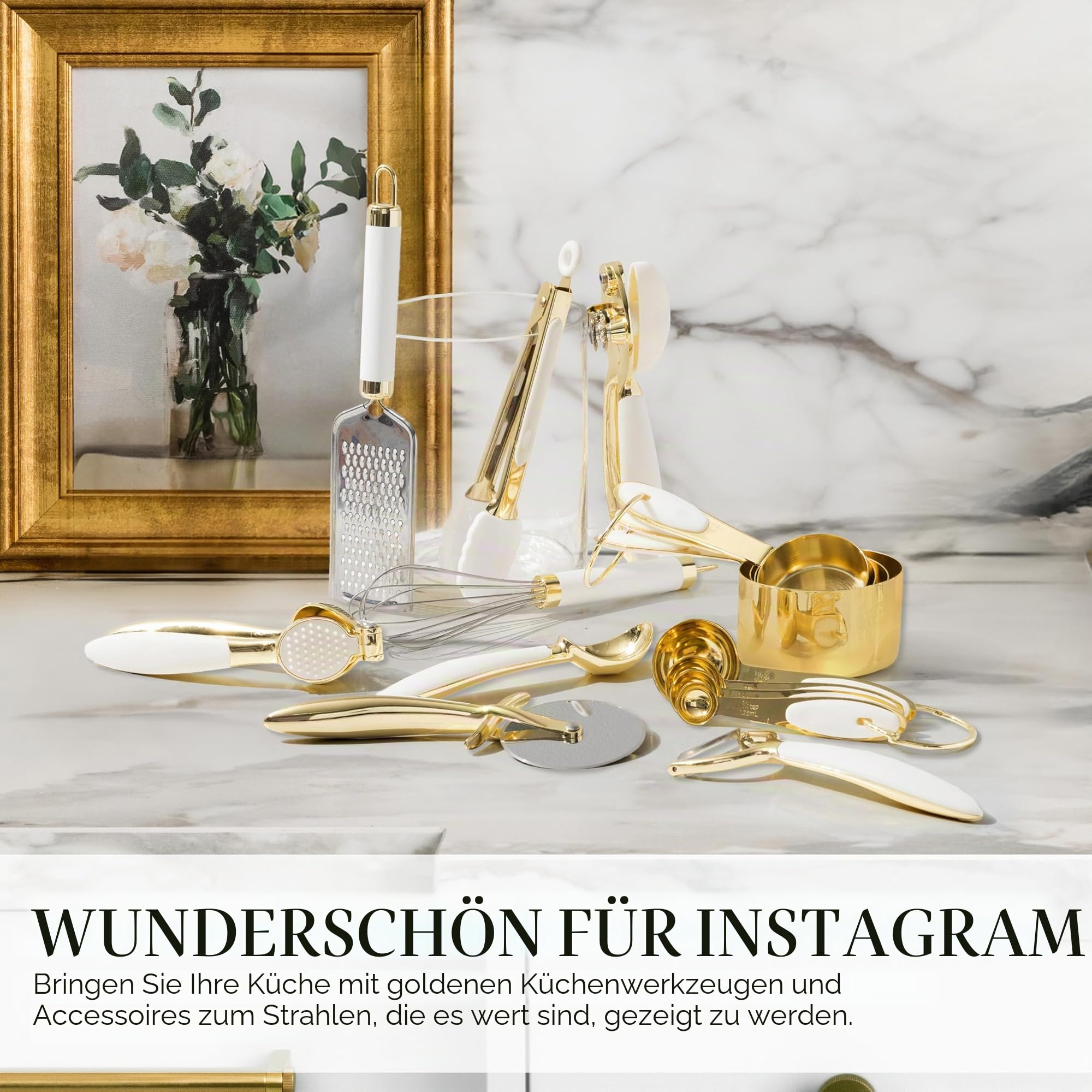 Weiß & Gold Küchenhelfer und Gadgets – Luxe 8-teiliges Kochutensilien -geräte mit rutschfesten Griffen, Goldutensilien-Set, Goldküchenzubehör weißes Küchenutensilien-Set, Premium-Küchenhelfer-Set | Küchenutensilien-Set enthält Dosenöffner, Zange und Knobl