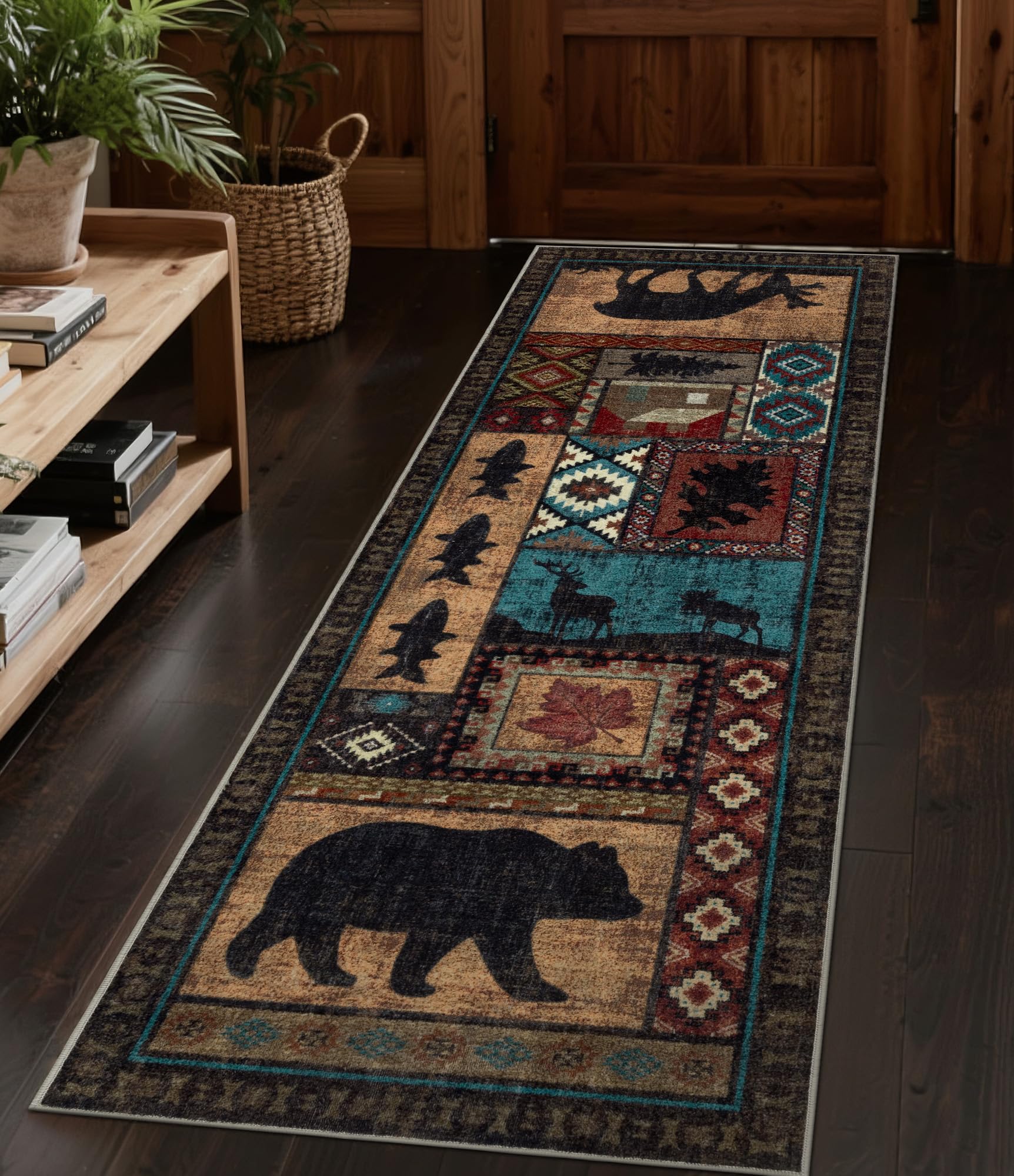 Hallway Runner Rug 2x6 Indoor Door Mat - Bear Rustic Cabin Non-Slip Entryway Rug Low Pile Tribal Print