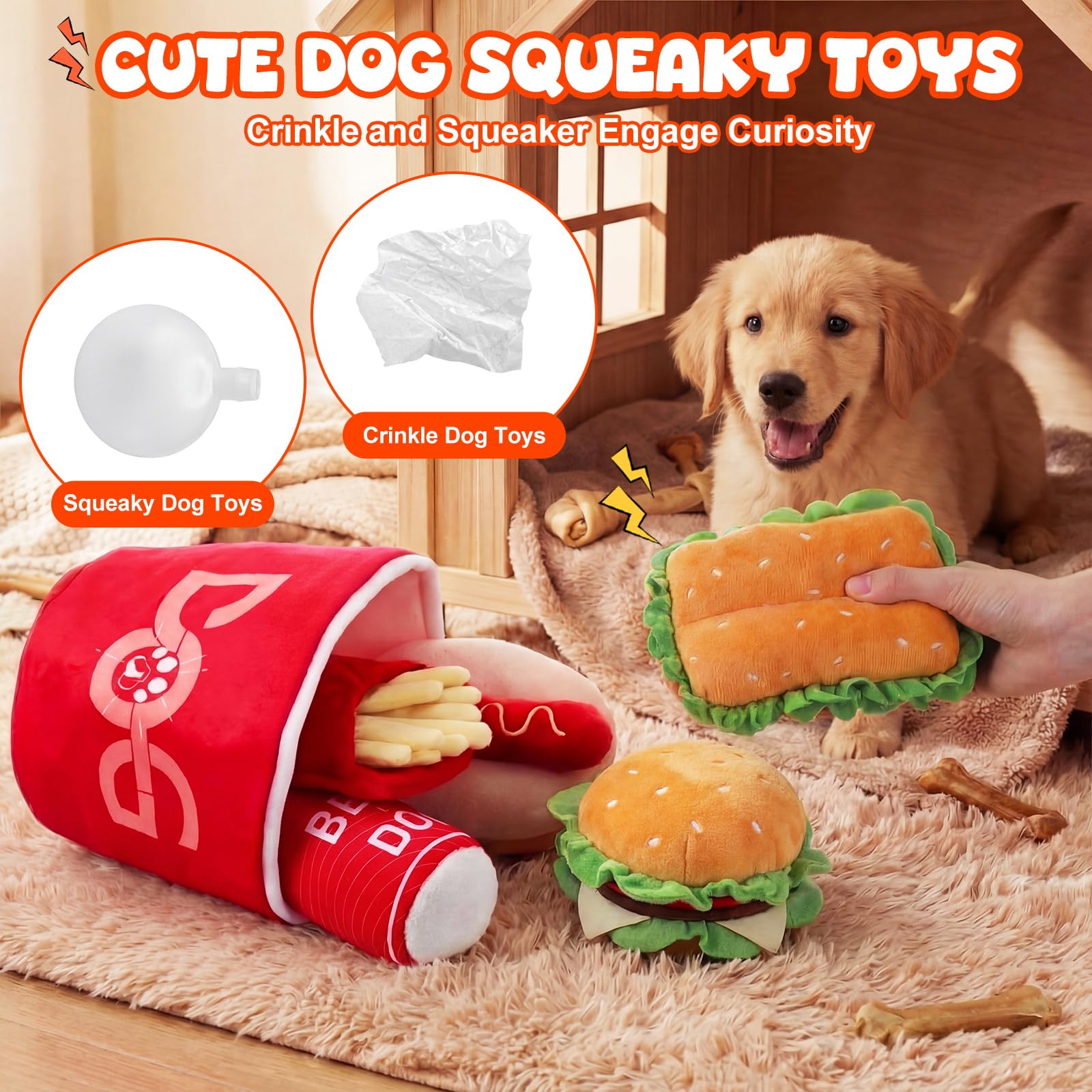 Skylety Lot de 6 jouets en peluche pour chien - Jouets couineurs en peluche en forme de nourriture rapide - Burger frites, cola - Seau à pattes de poulet pour chiens de petite, moyenne et grande