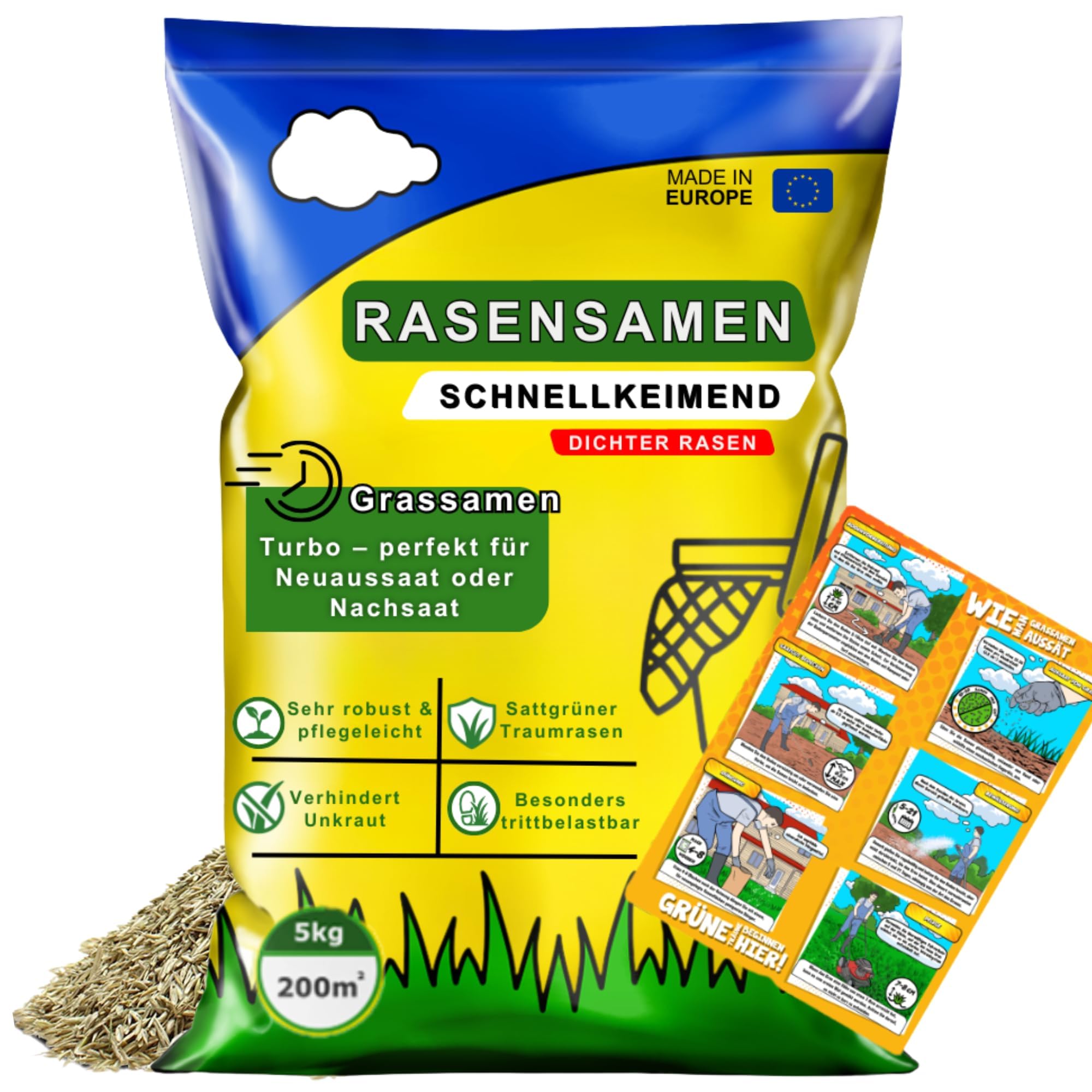 ARPON Rasensamen Schnellkeimend frühjahr | Grassamen Robust & pflegeleicht 5kg– Reicht für 200m²| Frühling Rasen samen Nachsaat & Neuansaat |Dichtes, sattgrünes Gras| Rasensaat ideal für jeden Rasen