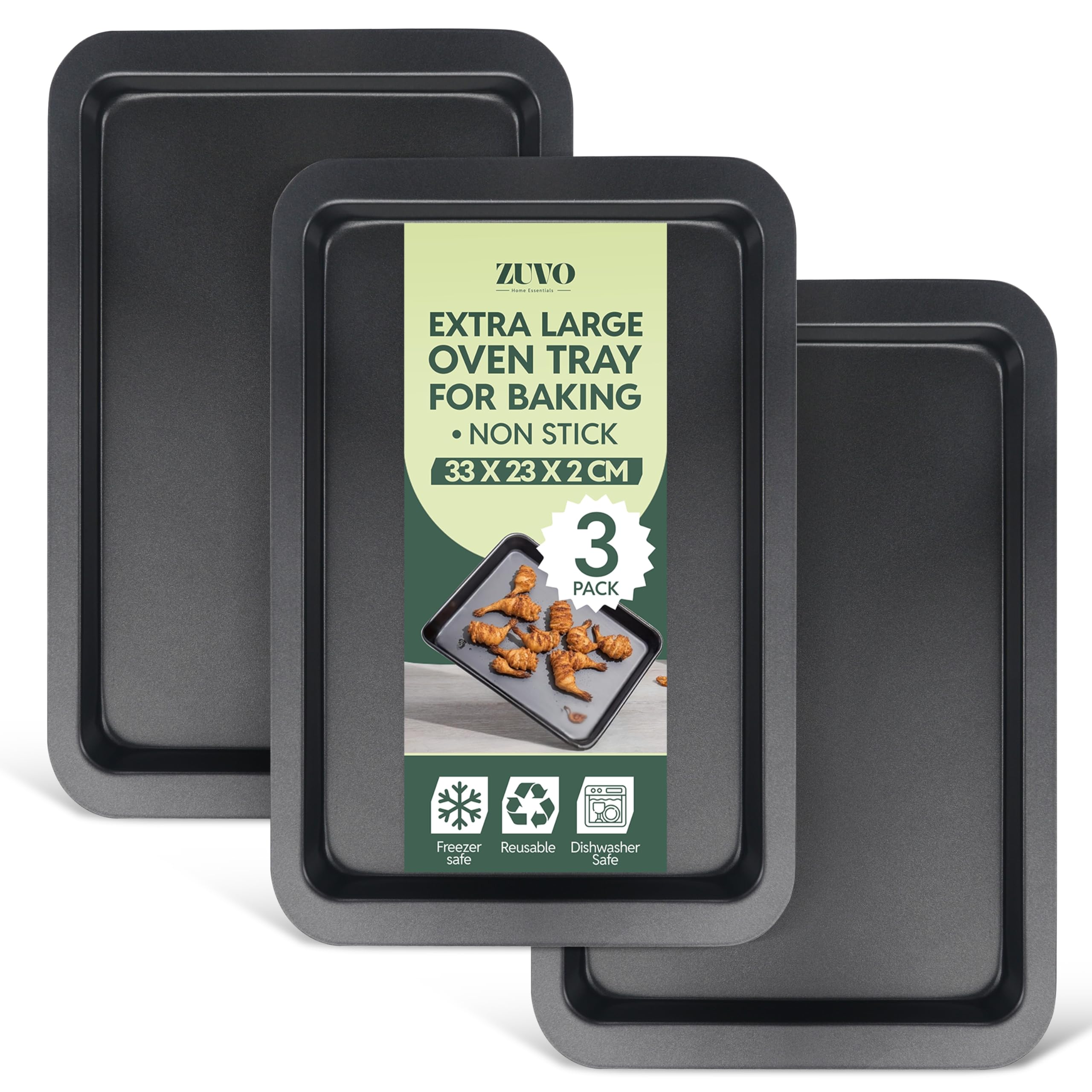 Zuvo - Baking Trays (3 Pack) – 32cm Oven Trays for Baking, Roasting & Cooking – Carbon Steel Baking Sheets with Easy Clean Non-Stick Coating – Oven & Dishwasher Safe