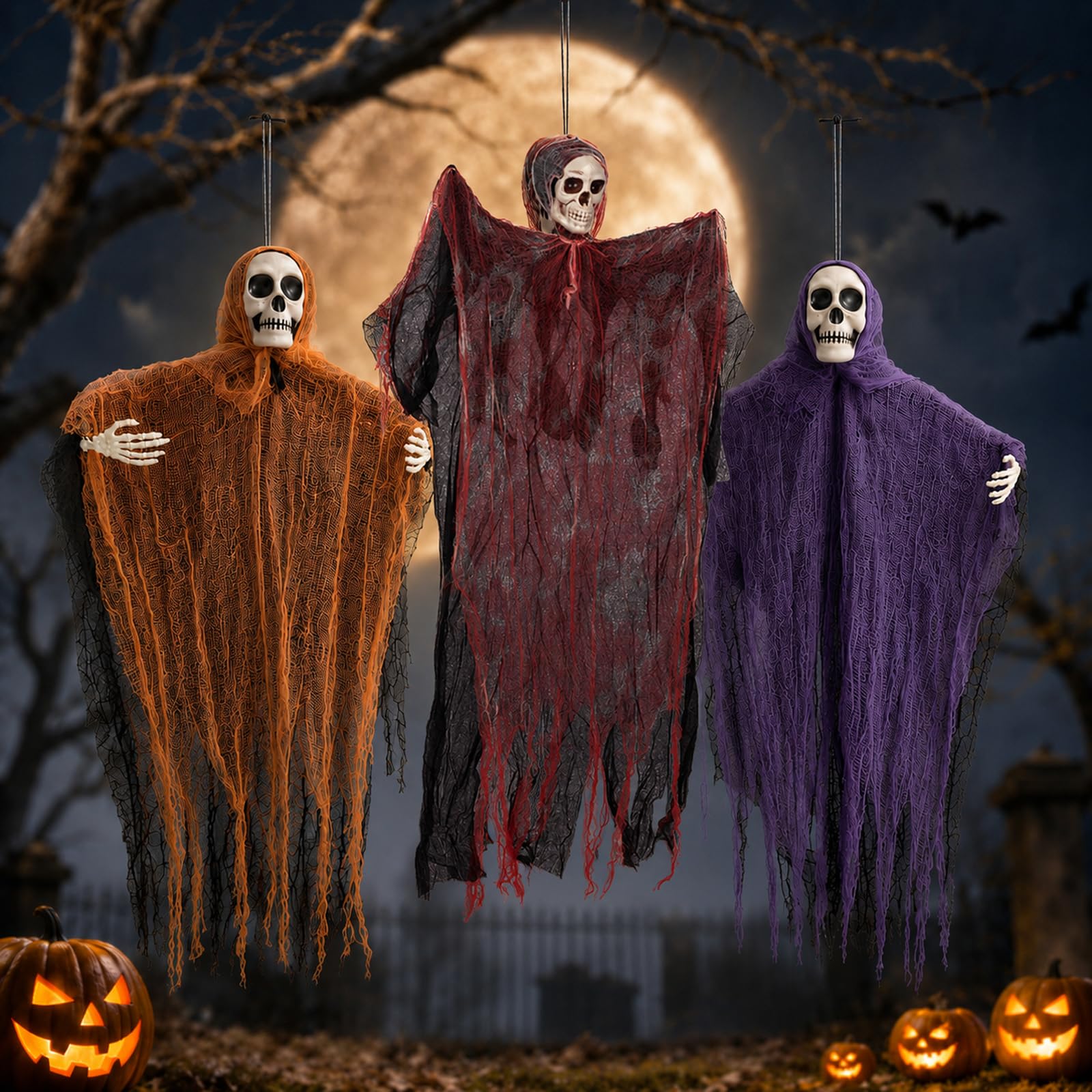 3 Pack Hanging Halloween Decorations Outdoor Skeleton Ghost, Ghosts Haloweens Decor, Halloween Decorations, Blood Veil Ghost Hanging Grim props, for Hallowmas Outdoor Indoor Yard Garden Party