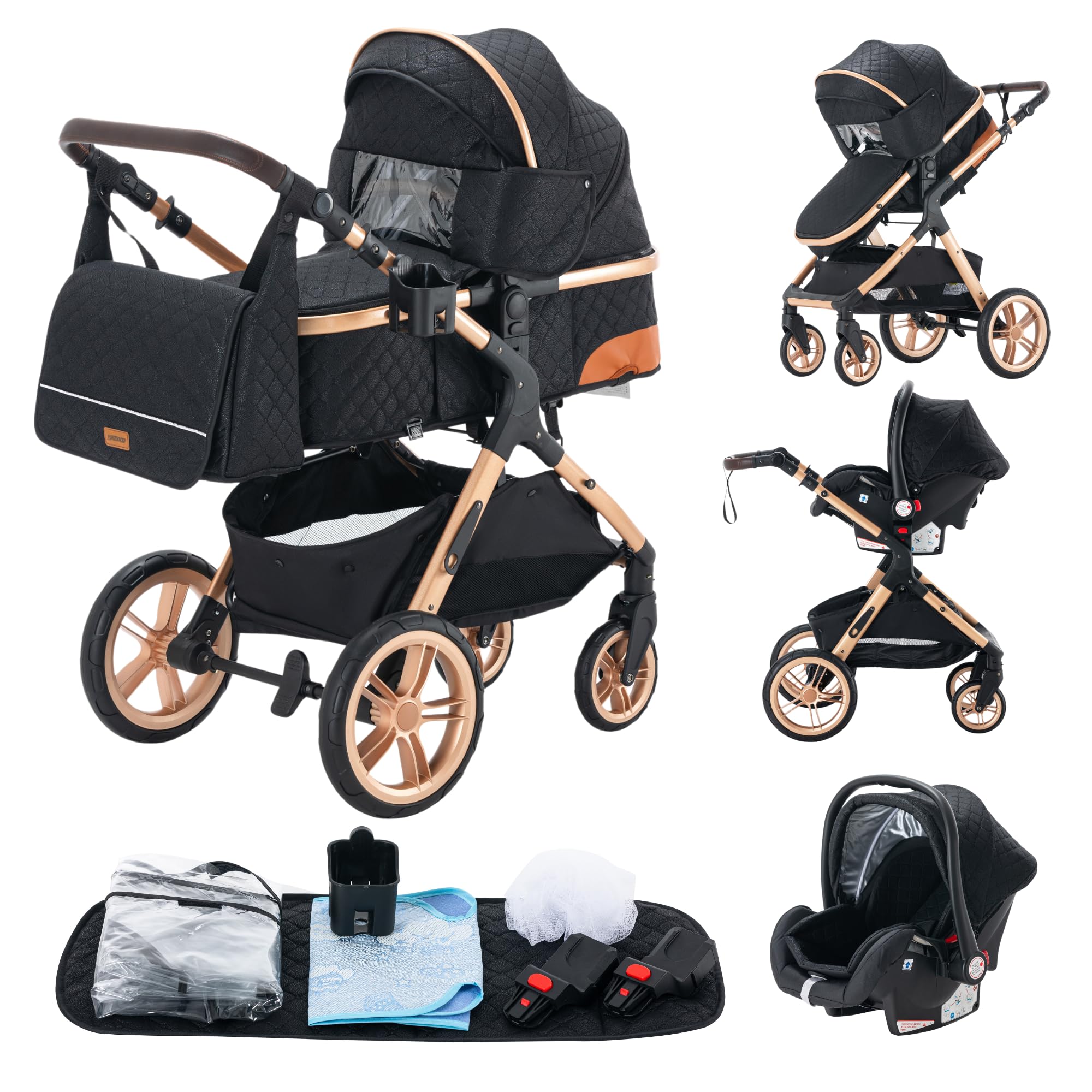 YAZOCO kinderwagen 3 in 1, Zusammenklappbar kinderwagen Komplettset Becherhalter, Moskitonetz, Fußabdeckung Für Baby Erstausstattung Neugeborene (5 schwarz)