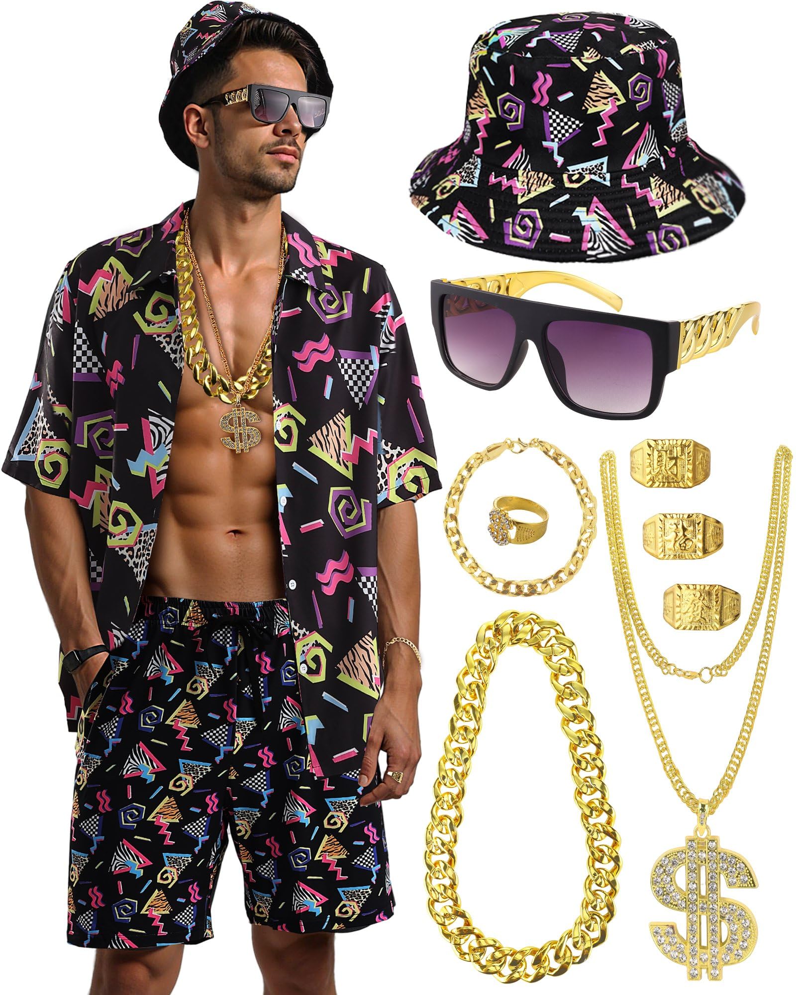 80s 90s Outfit for Men Hip Hop Costume Button Up Blouse Tops Disco Retro Theme Party Outfit Hawaiian Vintage Black-XL