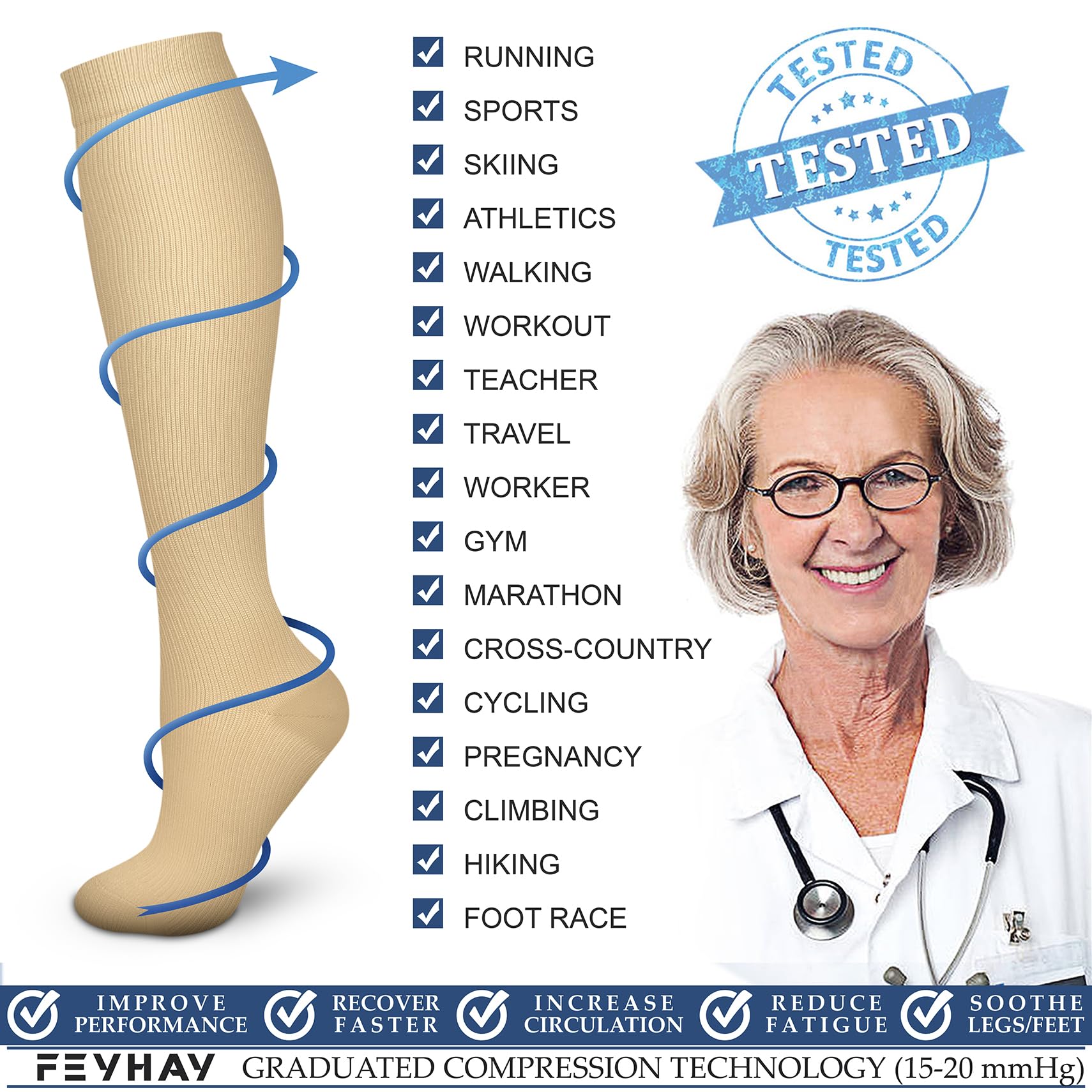 Copper Compression Socks (3 Pairs) 15-20 mmHg Circulation is Best Athletic & Daily for Men & Women, Running, Climbing, 06 Beige, Large 4