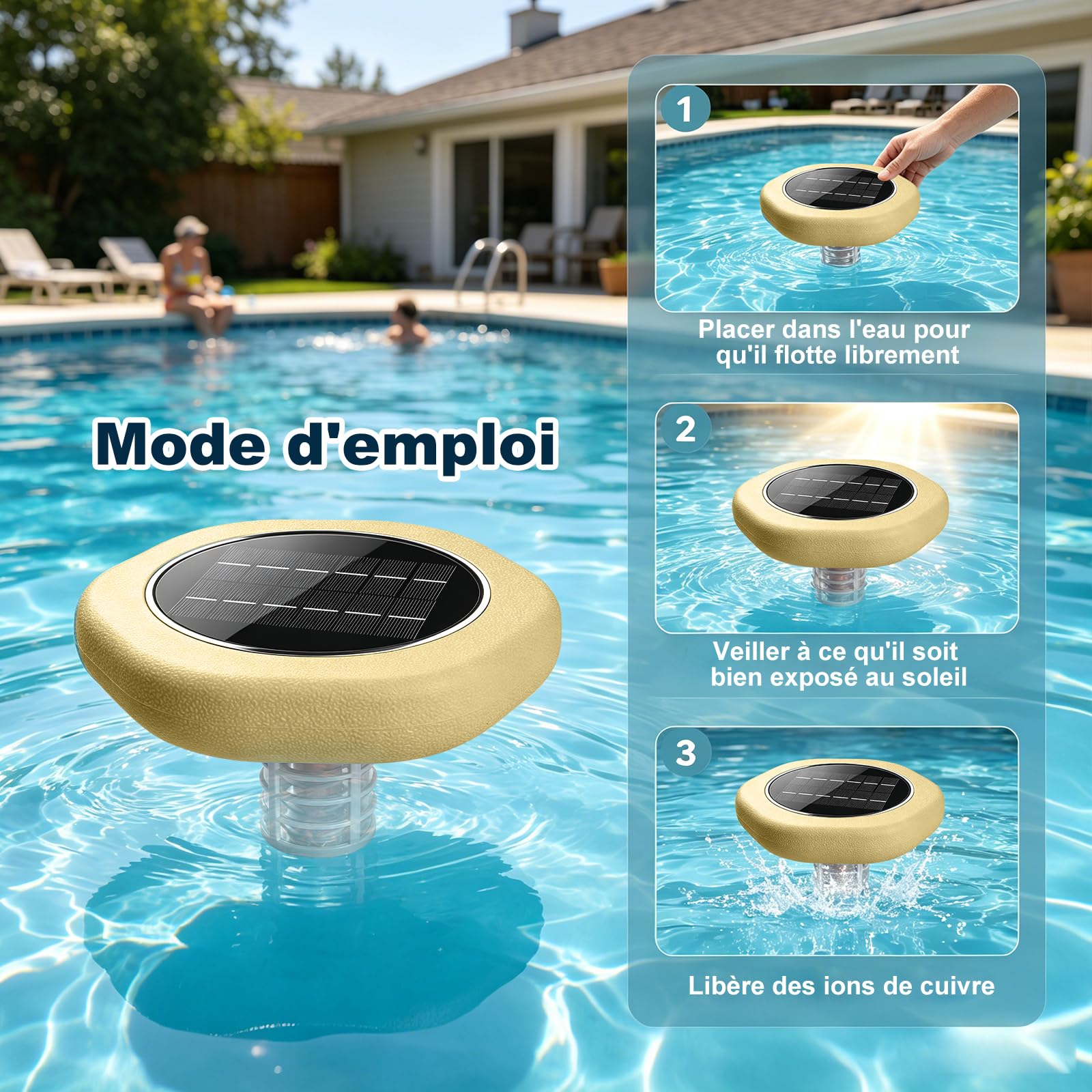 Ioniseur Piscine Solaire Purificateur, Piscine à Energie Solaire Clarificateur, Flotteur Autonome, Idéal pour Les piscines Hors-Sol, Les piscines encastrées, Piscine Solaire pour Extérieure