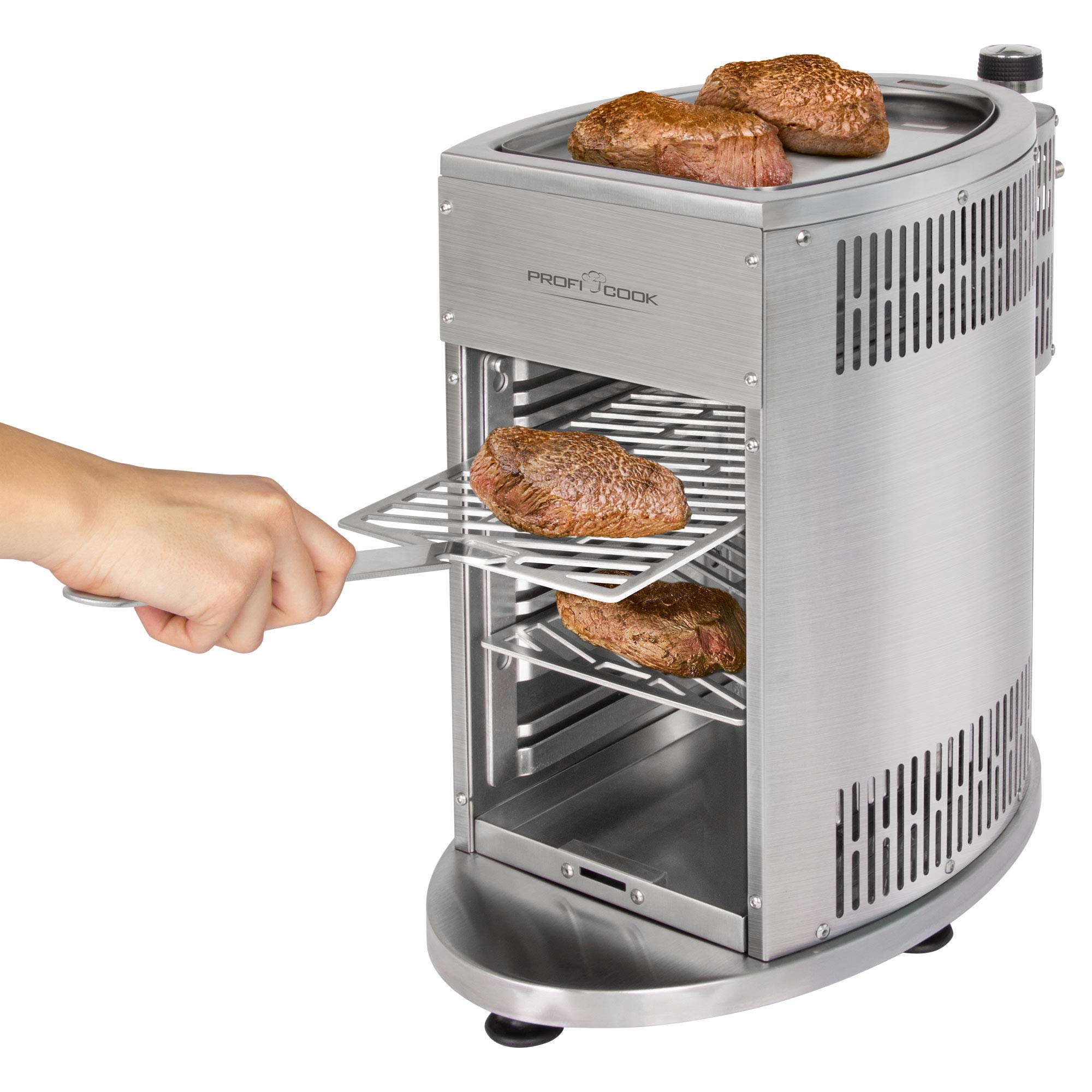 ProfiCook PC-GBS 1178 Beef Grill 800° Hochleistungsgrill Edelstahl Warmhaltefunktion 2 Grillroste Fettauffangschale