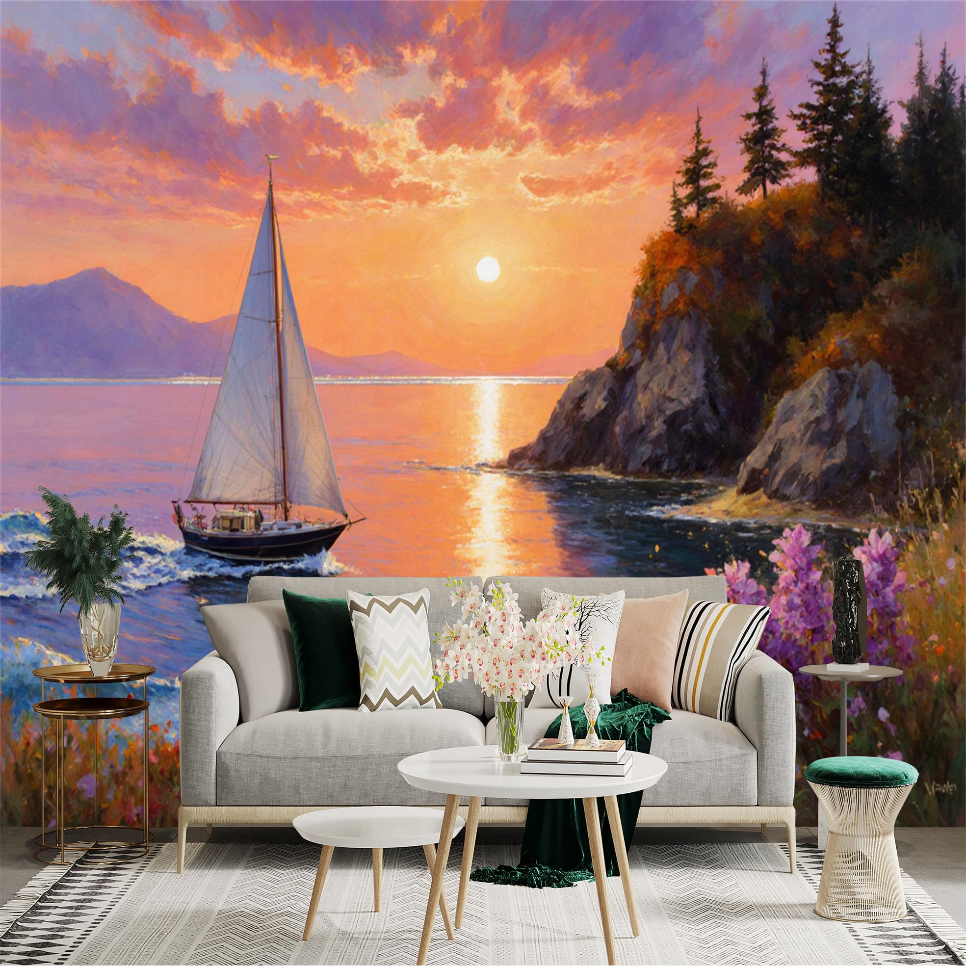 Lnzczhyre Xc260505911 Custom Size Wall Sticker Mural， Sailboat On Calm Ocean， Sunset Seascape， Vibrant Coastal Horizon， Scenic Nautical View， For Wall Decoration， Peelandstick Wall Decals.