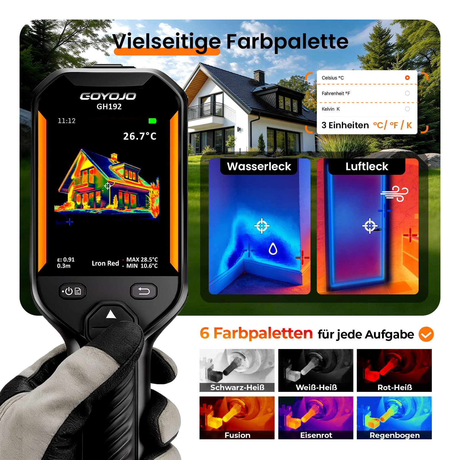GOYOJO Wärmebildkamera 240×240 IR-Auflösung, 25Hz Infrarotkamera mit 2MP Sichtkamera, -20°C bis 550°C, Handheld Infrared Camera Thermal Imaging für Hausinspektion, Lecksuche, Elektrik und HVAC