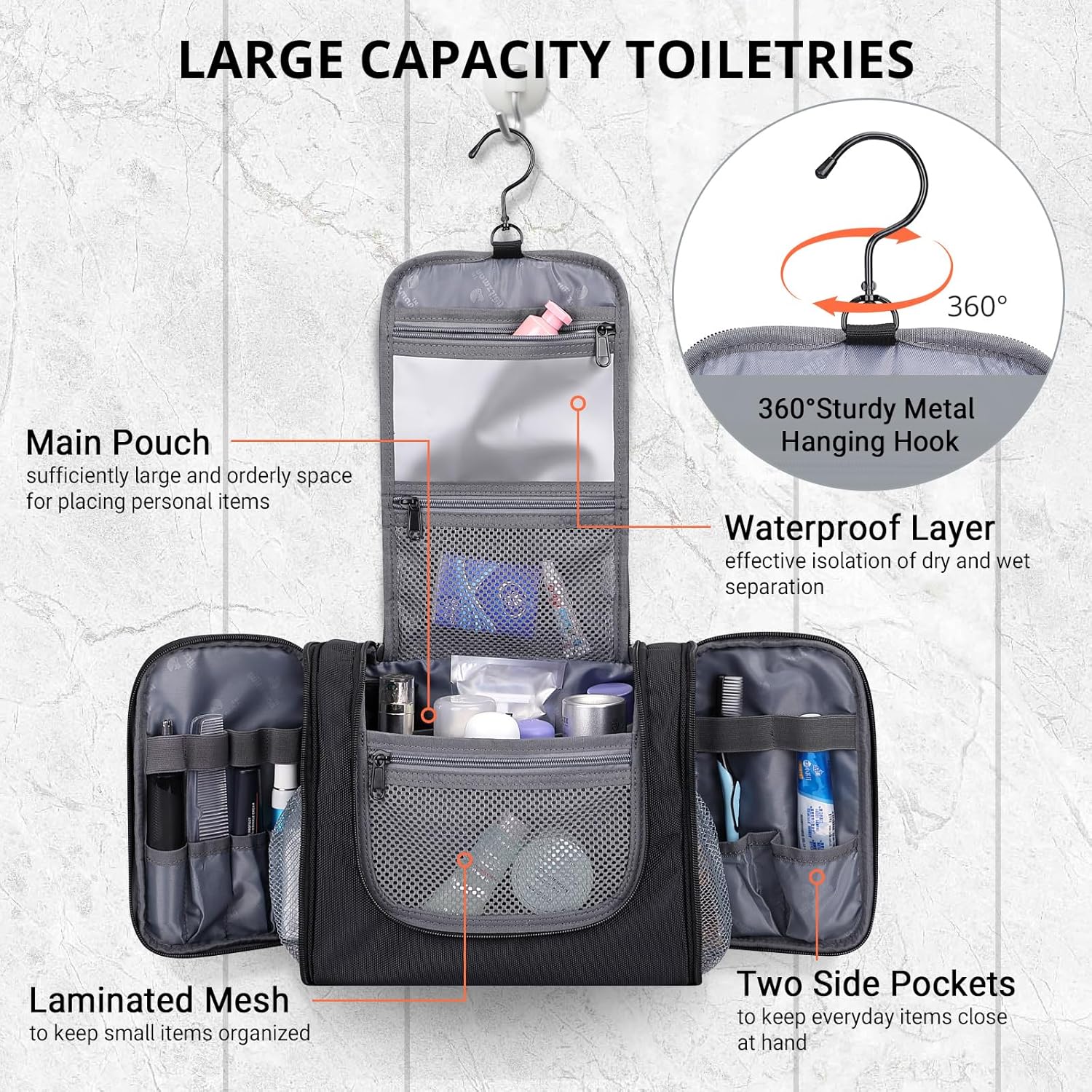 WITZMAN Toiletry Bag for Men Women Large Hanging Multi-organization Bathroom Bag Water-resistant Dopp Kit Shaving Bag Men(B690 Black) - Image 4
