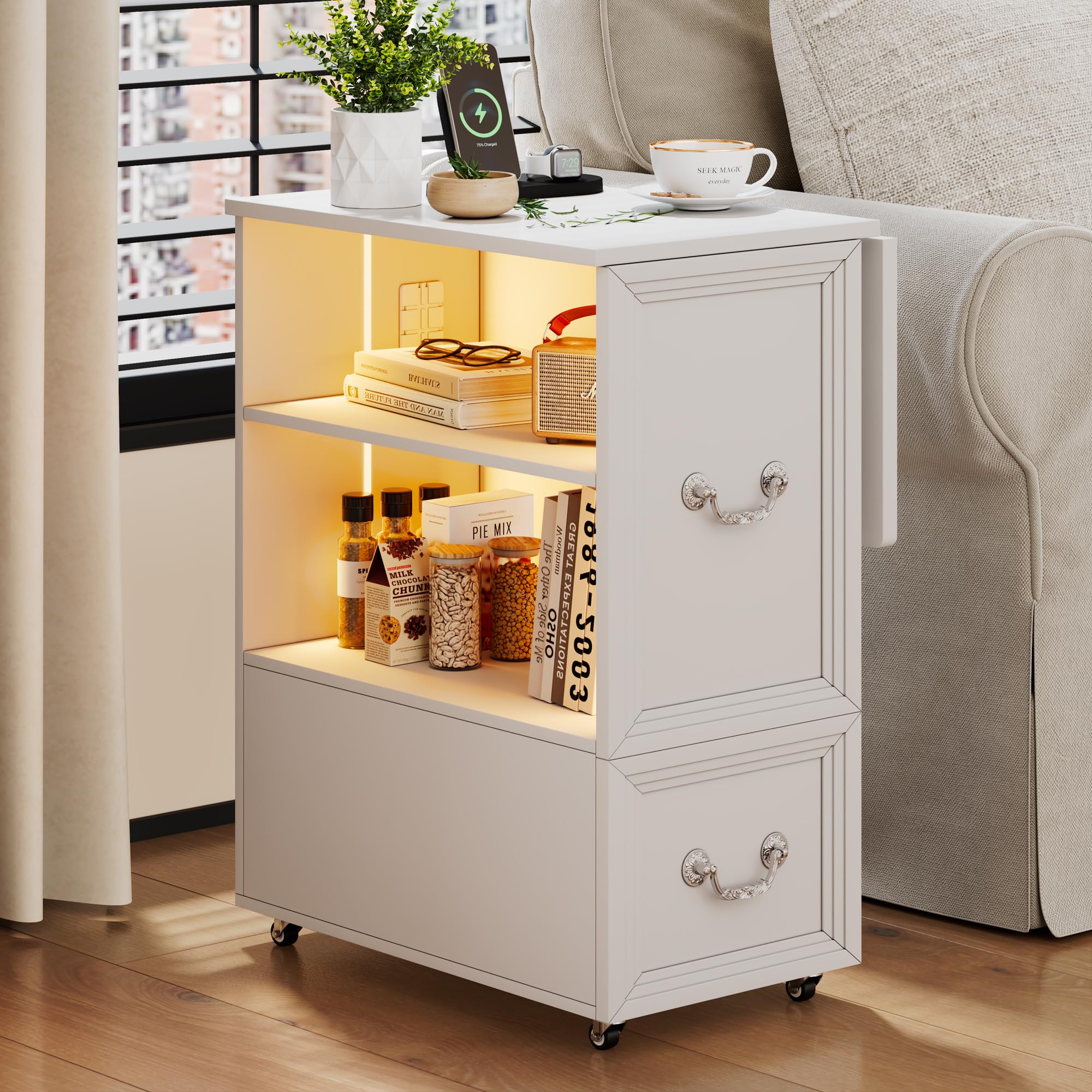 Dystler Side Table with Charging Station and LED Lights, 27.5" Tall Rolling End Table with Drawers and Shelves, Narrow Nightstand with Wheels for