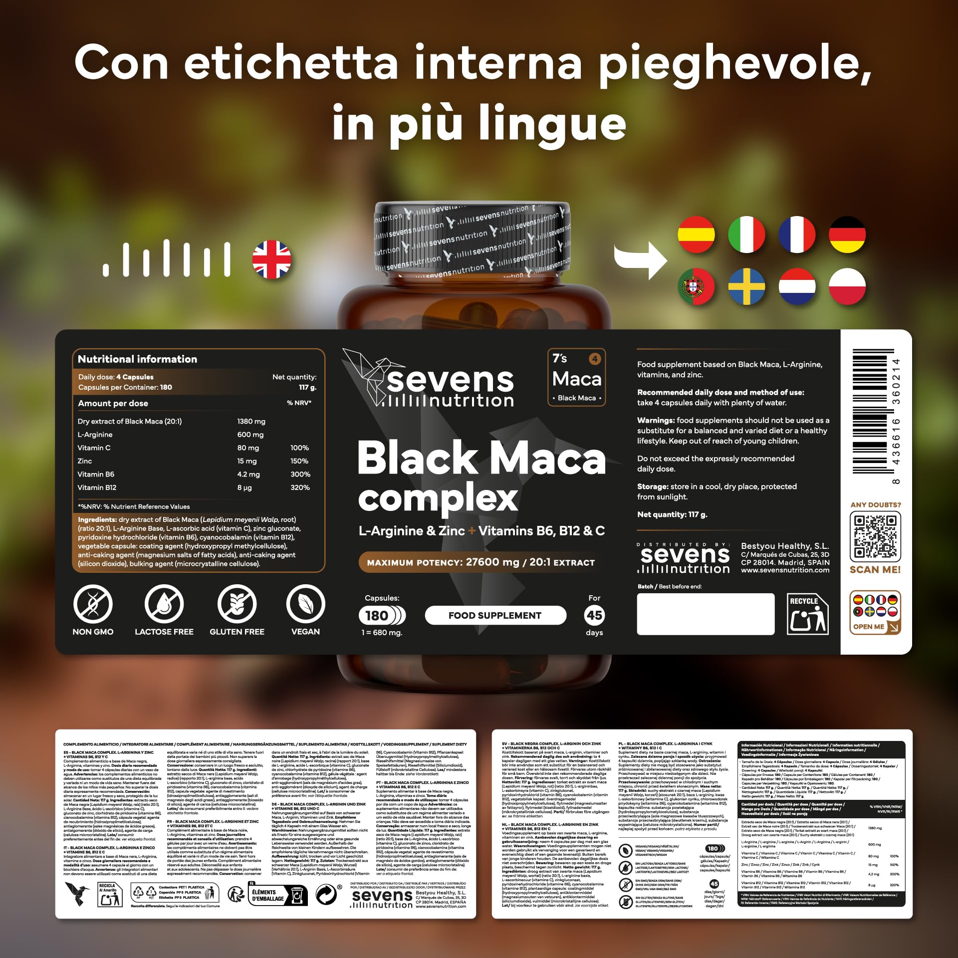 Maca Peruviana - 180 Capsule Vegane - Maca Nera Extra Forte 27 600 mg - Alto Dosaggio con L-Arginina, Zinco e Vitamine B6, B12 e C - Estratto Puro 20:1 - Aumenta l'Energia e la Vitalità - Sevens