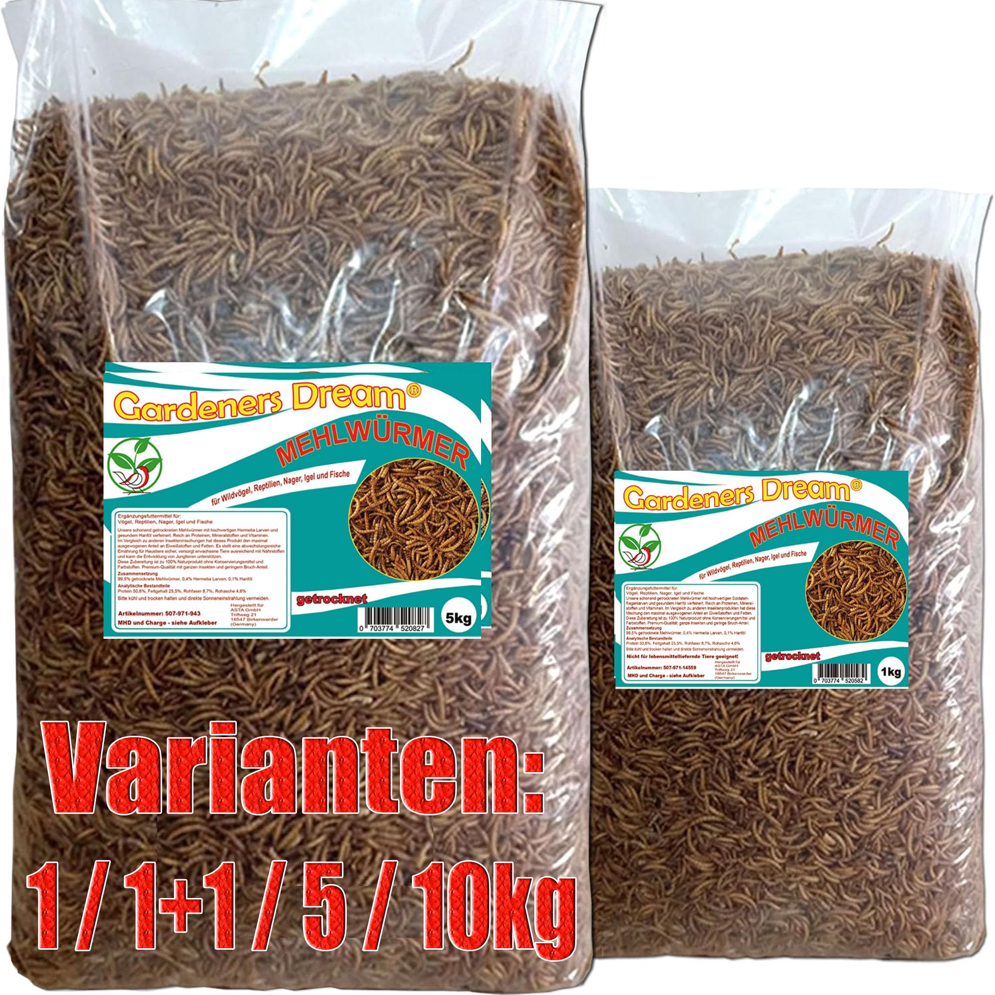 Gardeners Dream getrocknete Mehlwürmer in 1 bis 5kg Abpackung, Protein- und fettreich, verfeinert und gesiebt, für Fische, Nager, Vögel, Reptilien, auch Koifutter oder Igelfutter