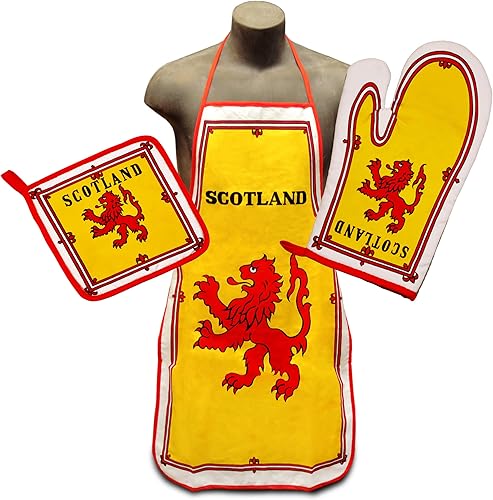 Royal Banner of Scotland Juego de cocina y barbacoa con delantal, guante de horno y soporte para ollas, bandera de leĂłn rampante Royal Banner of Scotland Juego de cocina y barbacoa con delantal, guante de horno y soporte para ollas, bandera de leĂłn rampante