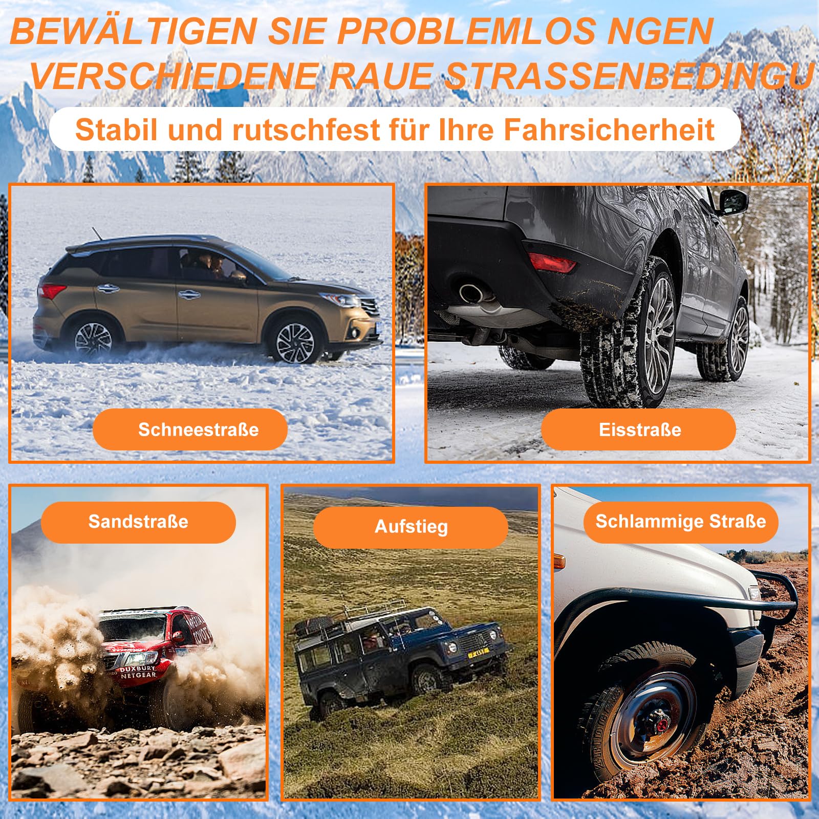 Schneeketten, 8 Stück Notfall Abschlepp Assistent Schneeketten, Universelle Tragbare Sicherheits Reifen Ketten für Auto/SUV/LKW (Reifenbreite 195–235 mm)