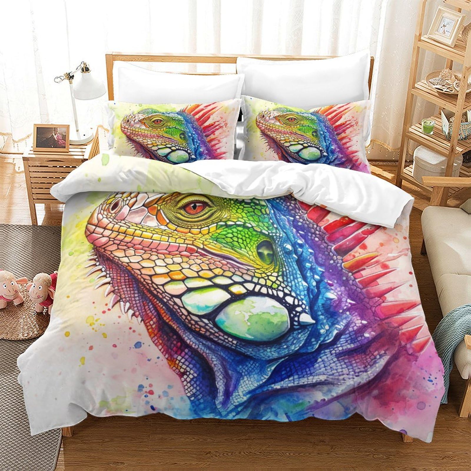 Housse de couette lézard 3D parure microfibre anti-plis facile à laver Super King