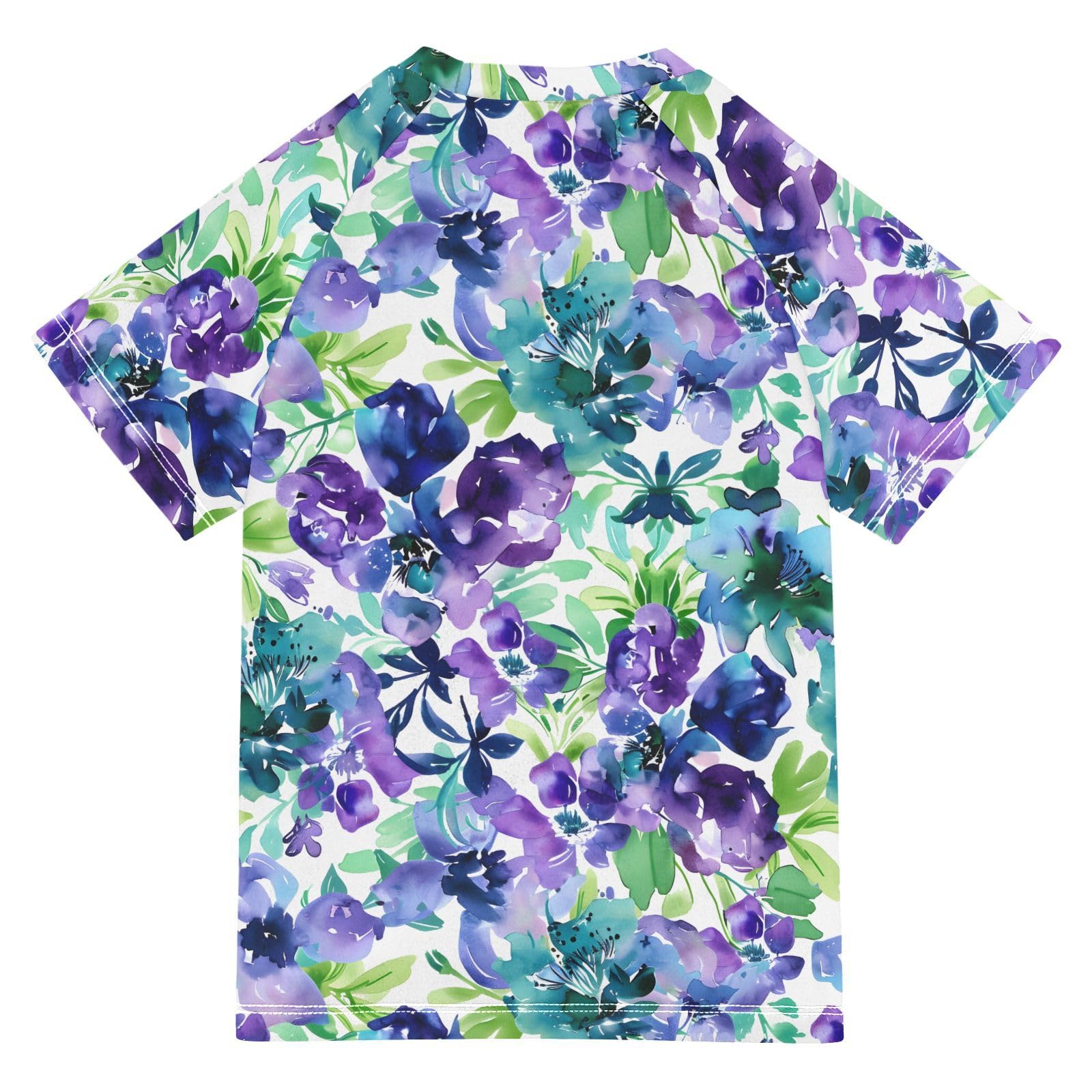ALAZA Kids Rash Guard Toddler Swim Shirt Boy Girls Floral Purple Blue Watercolor UPF 50+ Short Sleeve 4T
