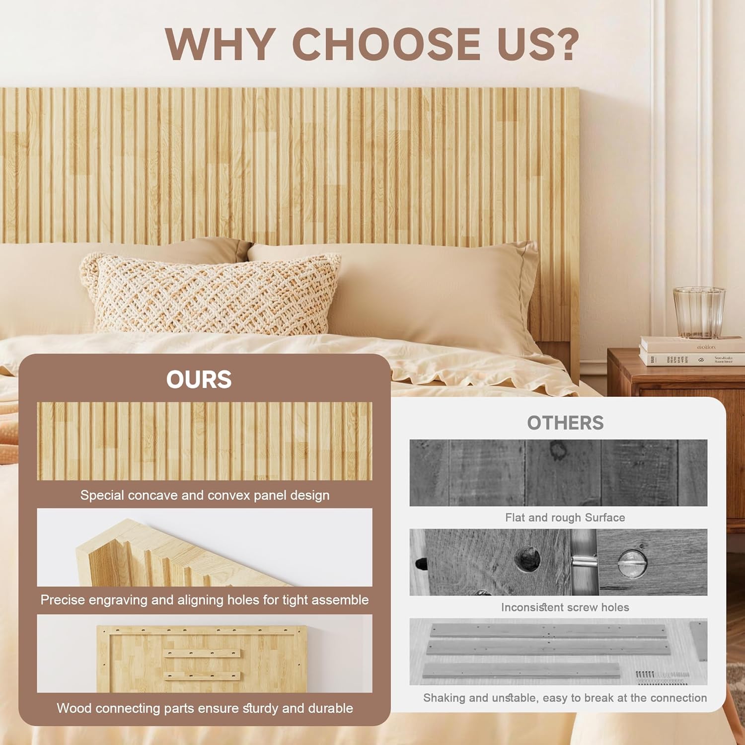 Bed Headboard Queen Size, 64.5" Wide Wood Modern Queen Headboard Only, Wingback Boho Headboards, Natural
