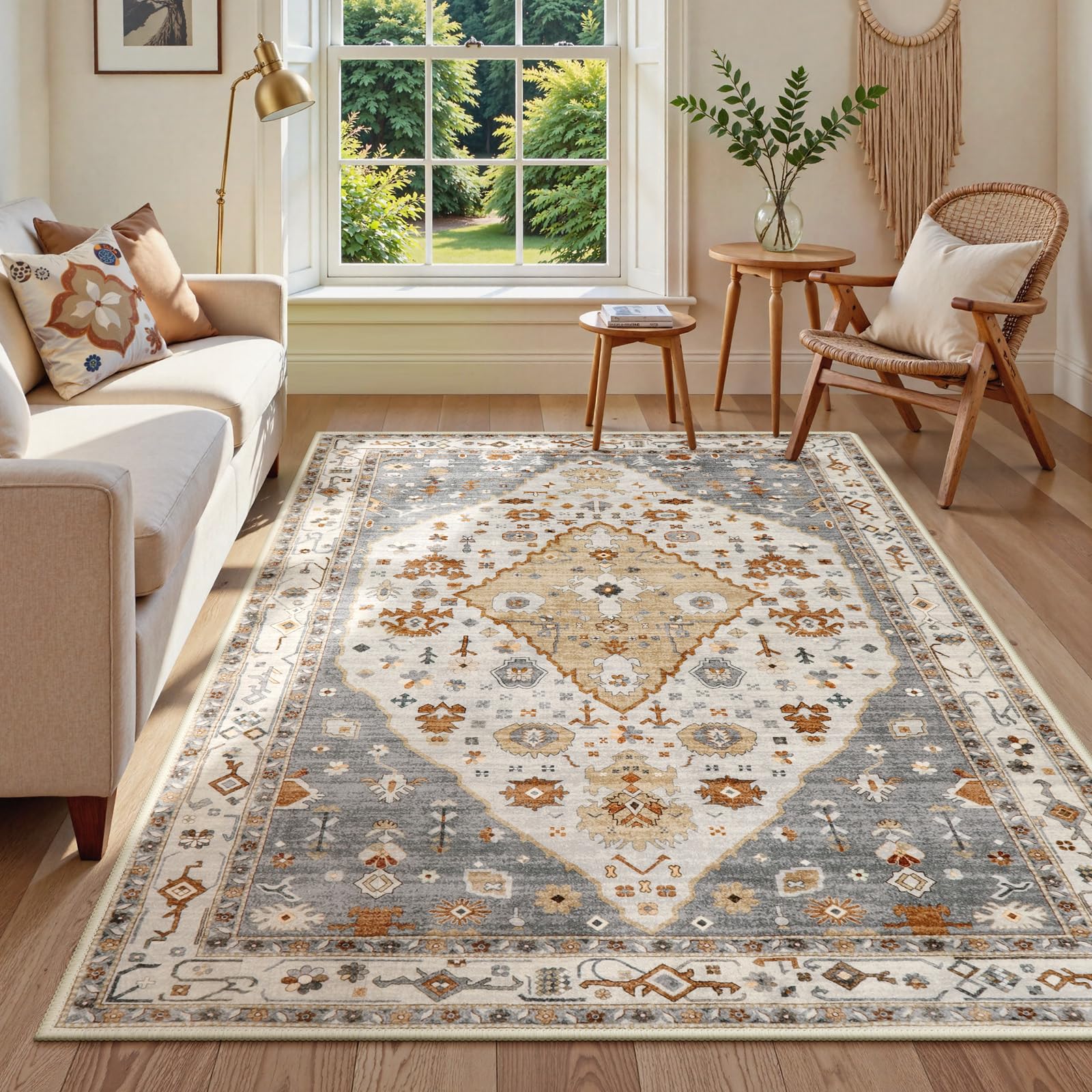 LahomeMachine Washable Area Rugs 5x7, Large Rugs for Living Room Non Slip Rugs for Bedroom, Oriental Soft Low Pile Printed Indoor Throw Dining Room Carpet for Playroom Home Office, Gold