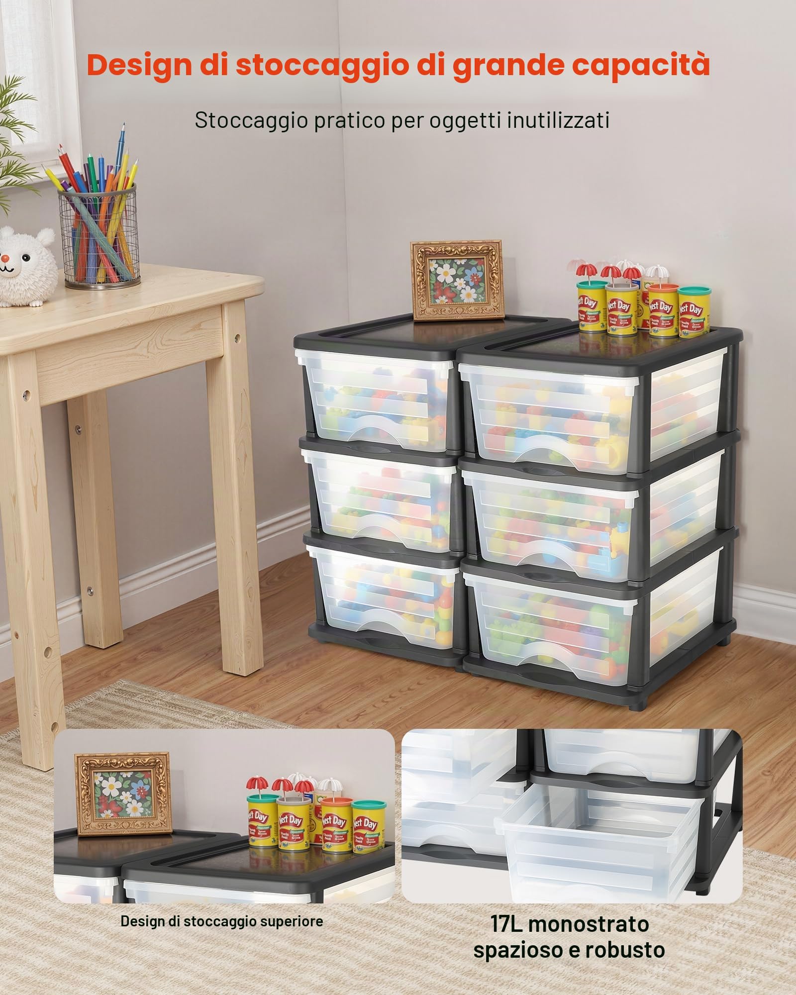 VEVOR Cassetti Portaoggetti in Plastica, Torre Portaoggetti a 6 Cassetti, Scatola per Stoccaggio a 3 Livelli, Contenitori Trasparenti per Forniture per Ufficio, Stanze per hobby, Aule, Casa