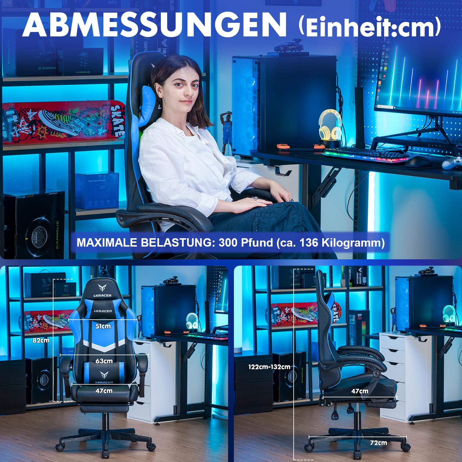 LUCKRACER Fotel gamingowy z podnóżkiem, ergonomiczny, z regulowaną poduszką lędźwiową, poduszka pod głowę, fotel gamingowy, z regulacją wysokości, obciążenie 150 kg, kolor niebieski