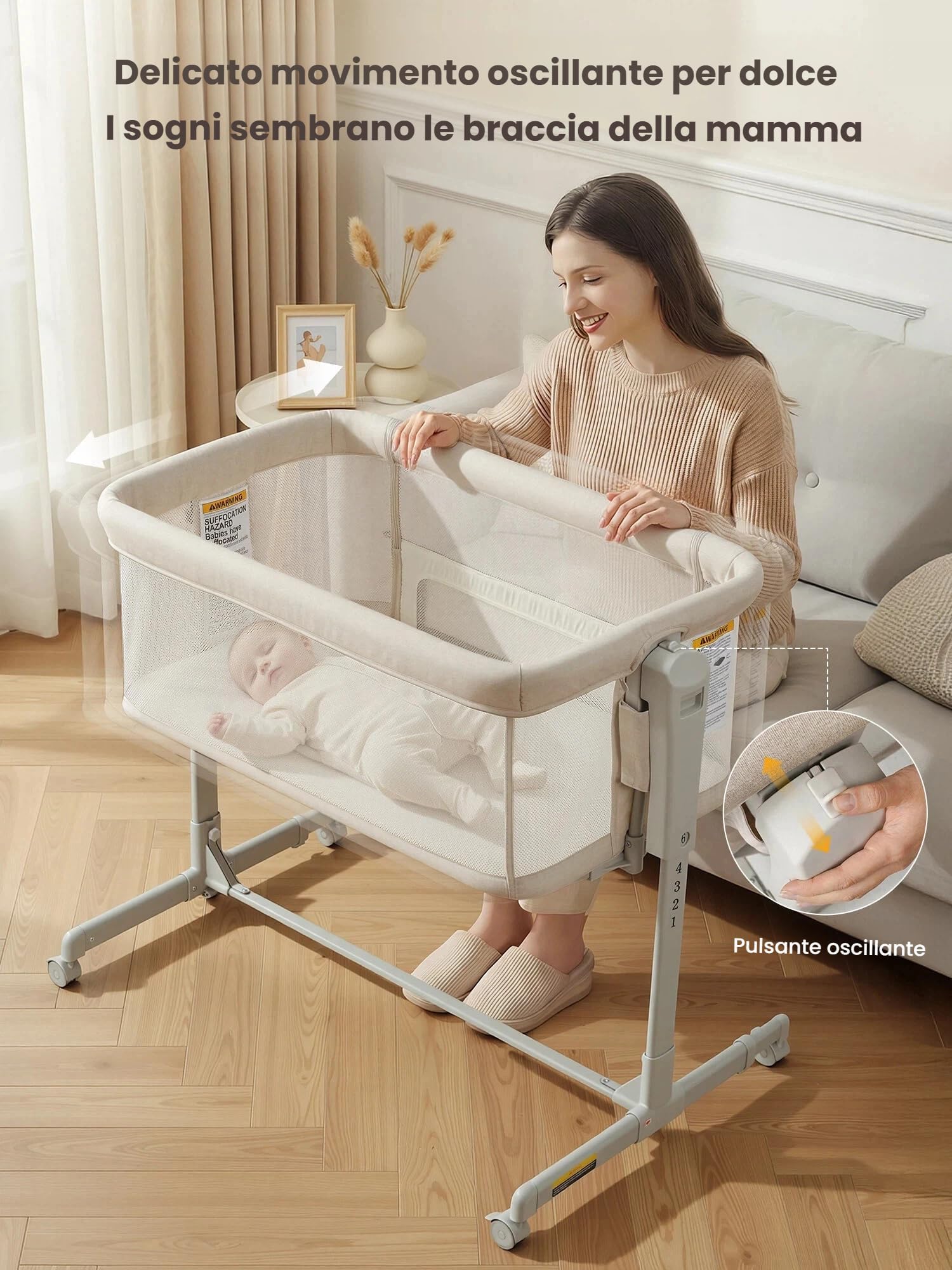 Culla Next To Me,Culla Neonato Fianco Letto 3-in-1 Oscillante con Ruote e Regolazione Altezza 6 Posizioni - Tessuto Mesh Traspirante e Materasso Morbido per Neonati e Infanti