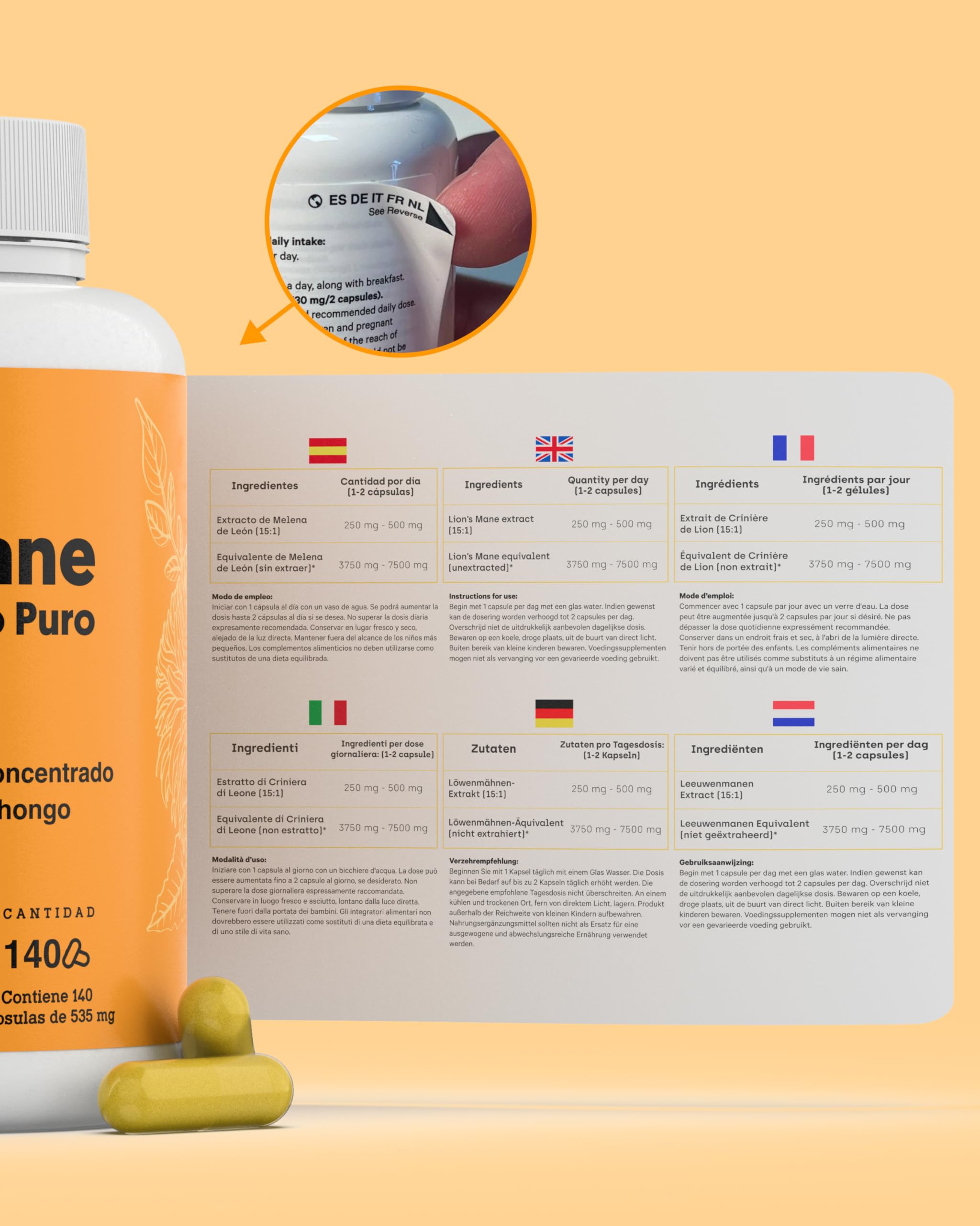 140ud Melena de León Pura 7500mg Ultraconcentrada 50% | NOOTRÓPICO Largo Plazo: Memoria, Concentración y Salud Cerebral | Bienestar Emocional y Gastrointestinal | 100% Cuerpos Fructíferos 15:1