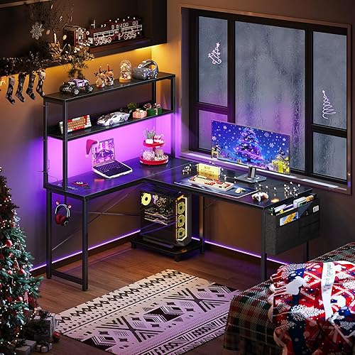 Miniatura 2 de ODK Escritorio en forma de L de 43 pulgadas con iluminación LED, escritorio reversible para juegos con tomas de corriente, mesa de computadora de