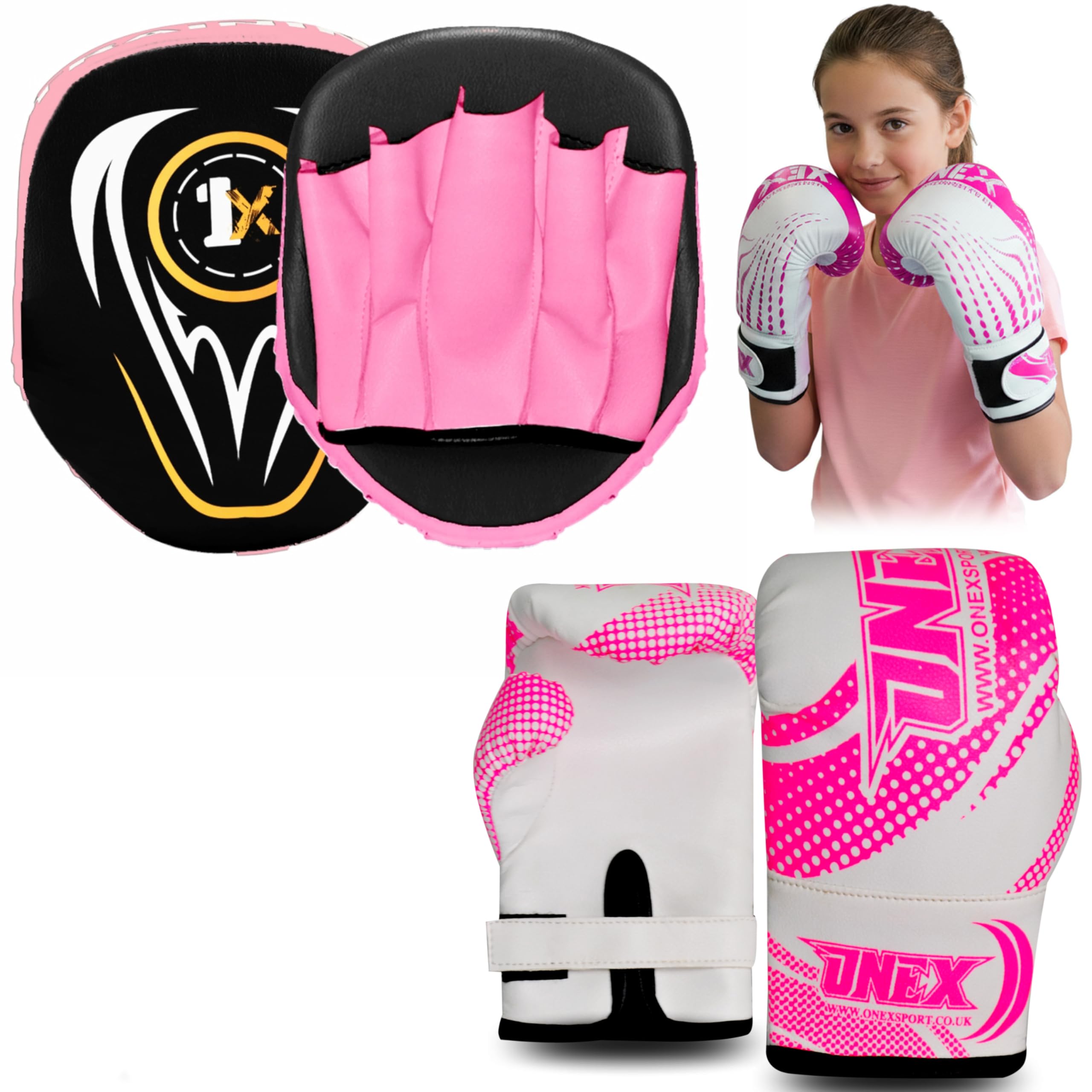 Boxing Gloves & Focus Pads Set – 6oz 4oz 2oz Gloves Hook & Jab Pads for Training, Kickboxing, Muay Thai, Punching, Sparring, MMA, Martial Arts, Taekwondo, Home & Gym Workout (PINK, 2oz)
