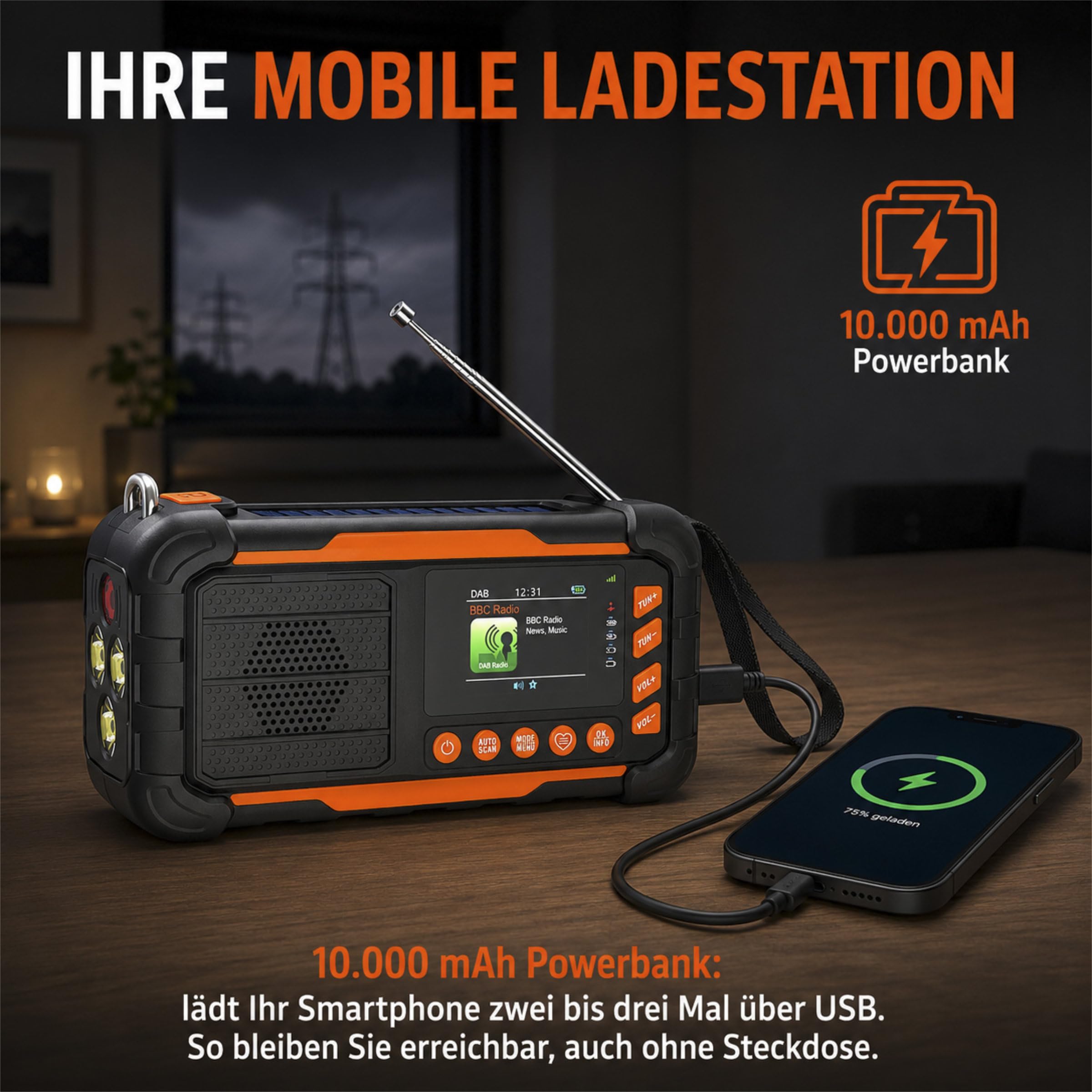 ration1 DAB+ Radio Kurbelradio Notfallradio mit Powerbank, Solar & Kurbel | 10.000 mAh, 80 h Laufzeit, USB-C, Bluetooth 5.3, 2 Zoll Display, Radiowecker, SOS, AA-Reserve, ASA Funktion, Baustellenradio