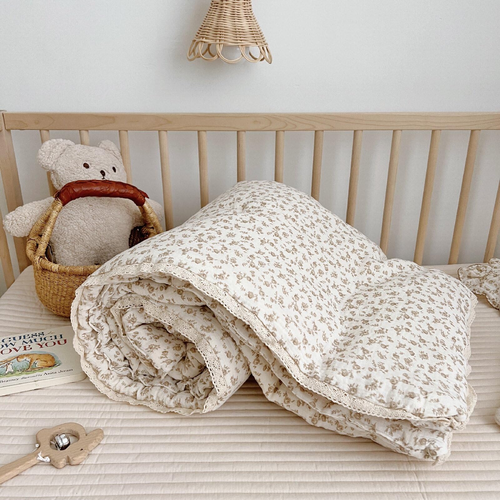 BuLuTu Beige Baby Blanket Flower Print Kid Quilt for Girls Boys Muslin Toddler Quilts for Kids Bed Breathable Comforter Bedding Decor Birthday Gifts, Camellia Pattern, 60x78 Inches